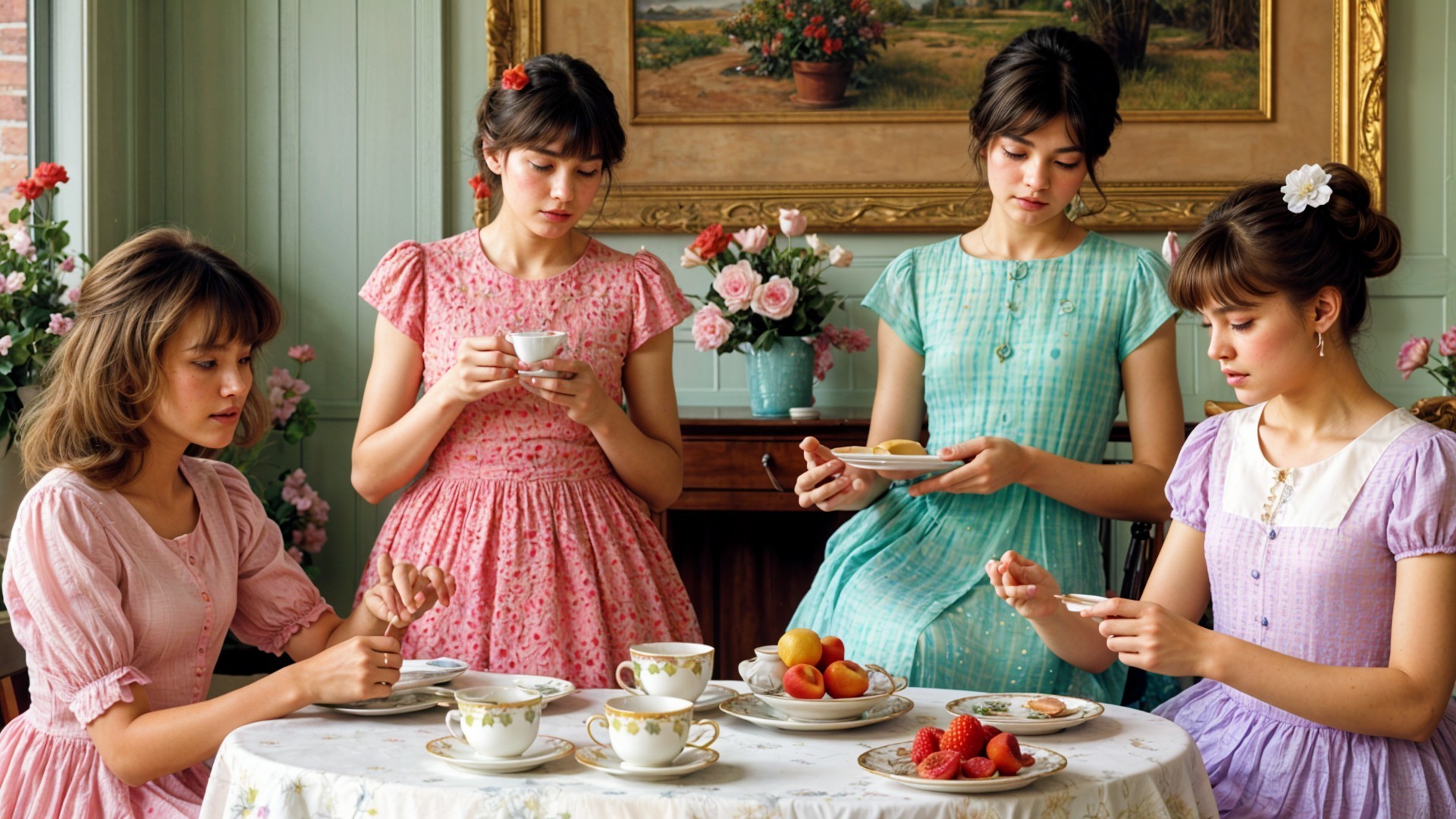 Tranquil Tea Gathering with Young Women in Pastel Dresses
