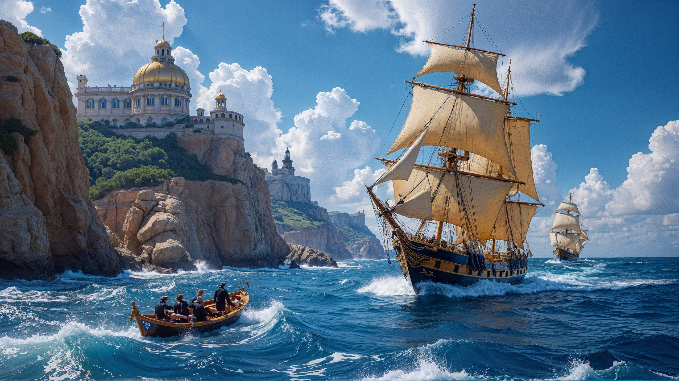 Tall Ships on Bright Blue Sea with Coastal City View