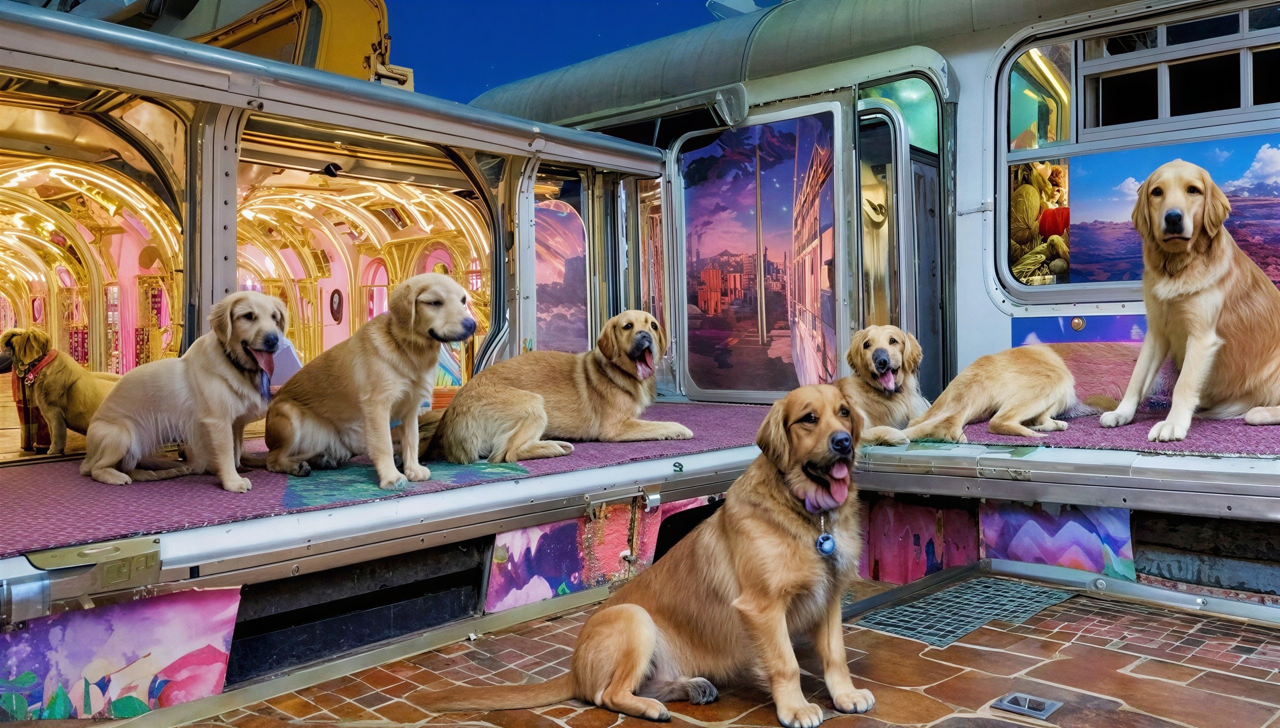 Golden Retrievers on a Moving Train Scene