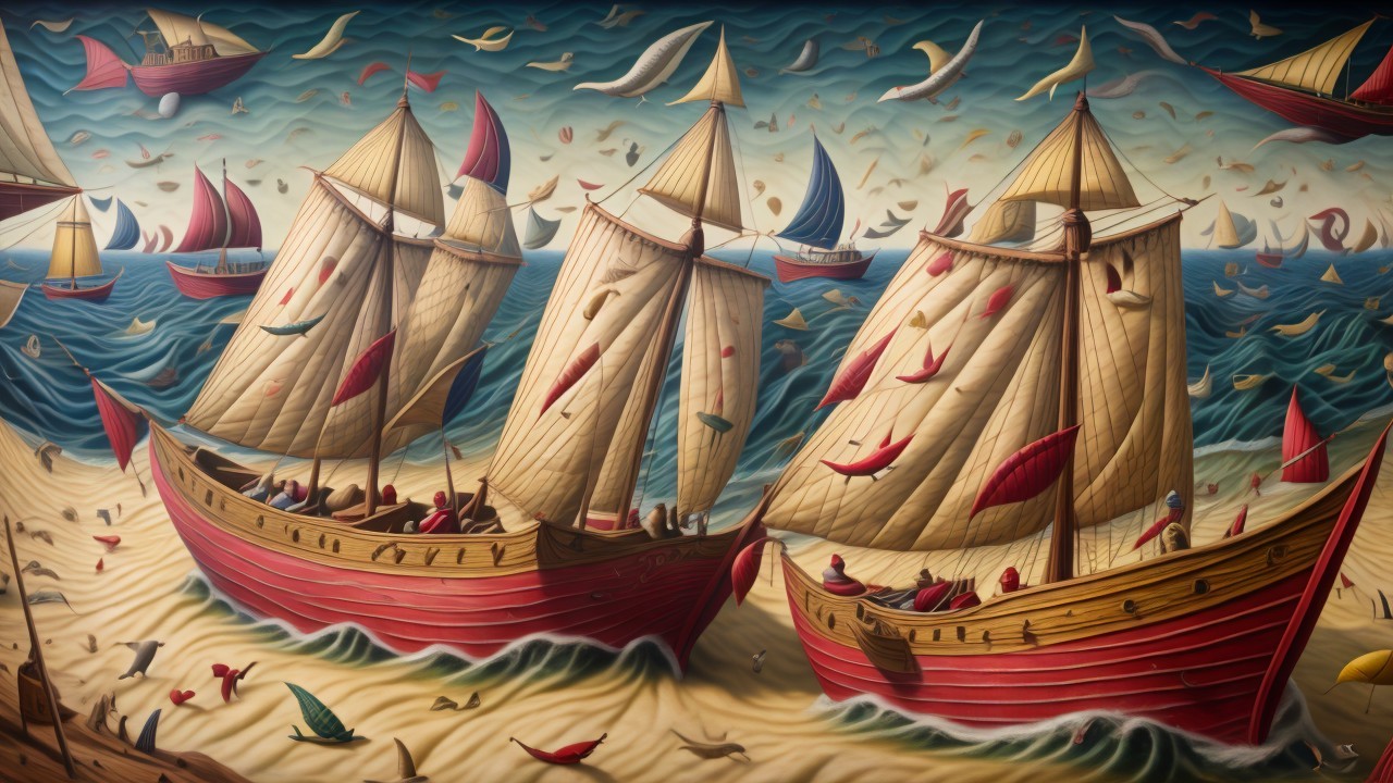 Vibrant Maritime Scene with Colorful Sailing Ships