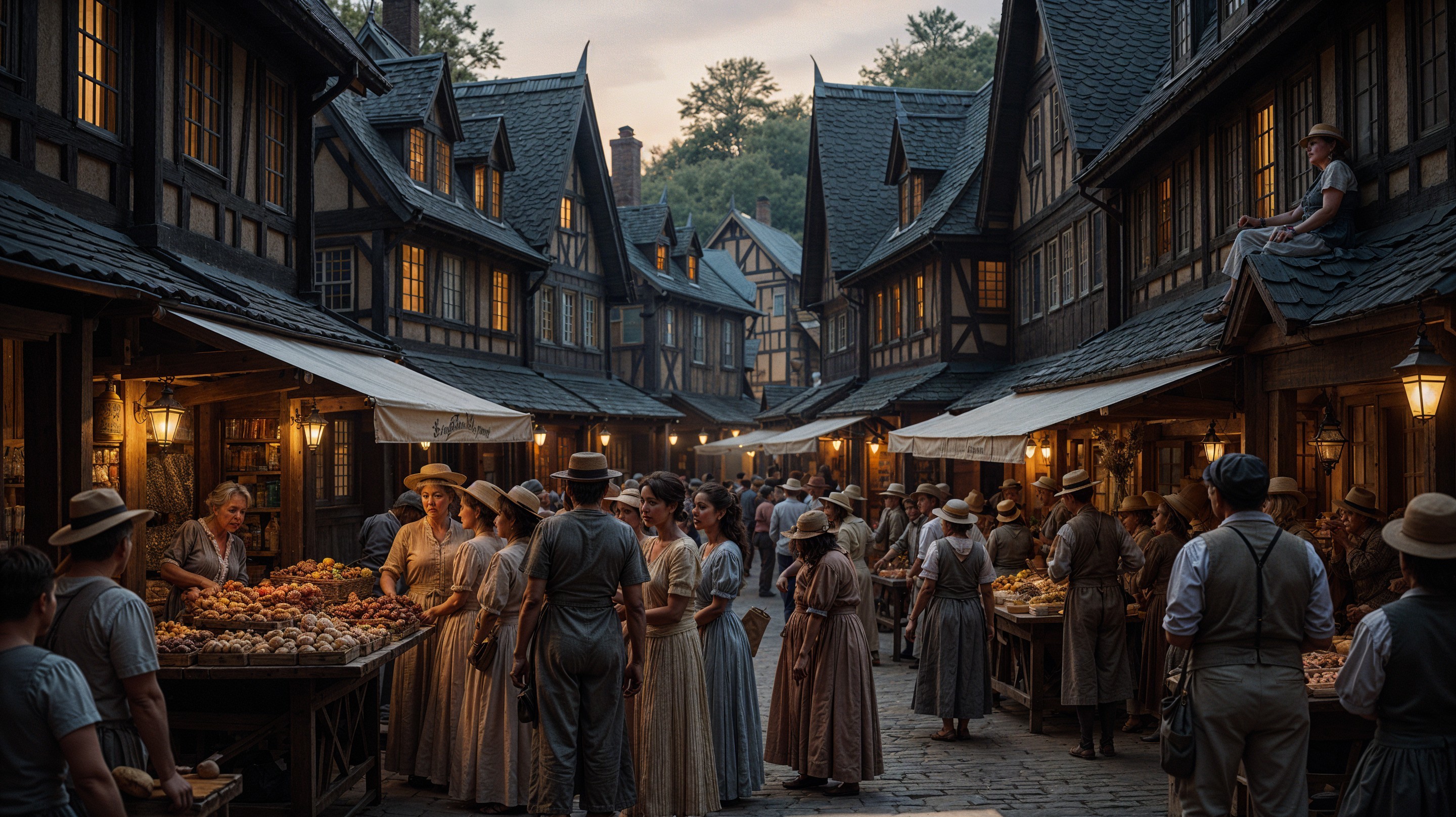 Village market scene at dusk with timber-framed buildings