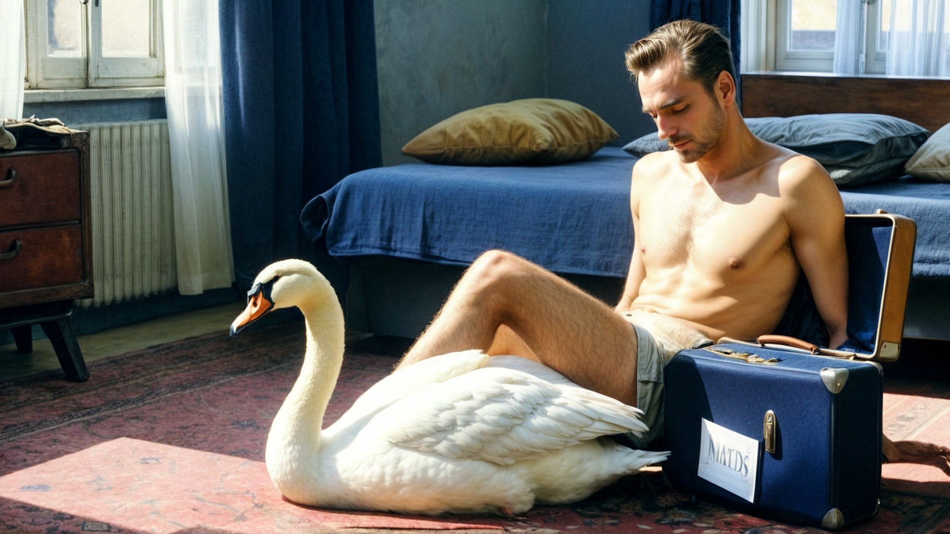 Young man and swan in sunlit room with vintage decor