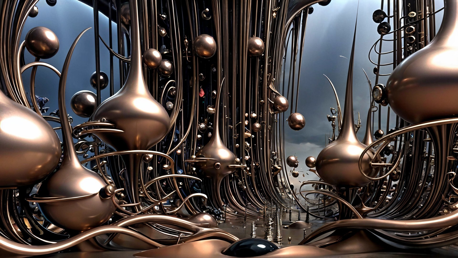 Surreal Futuristic Landscape with Metallic Structures