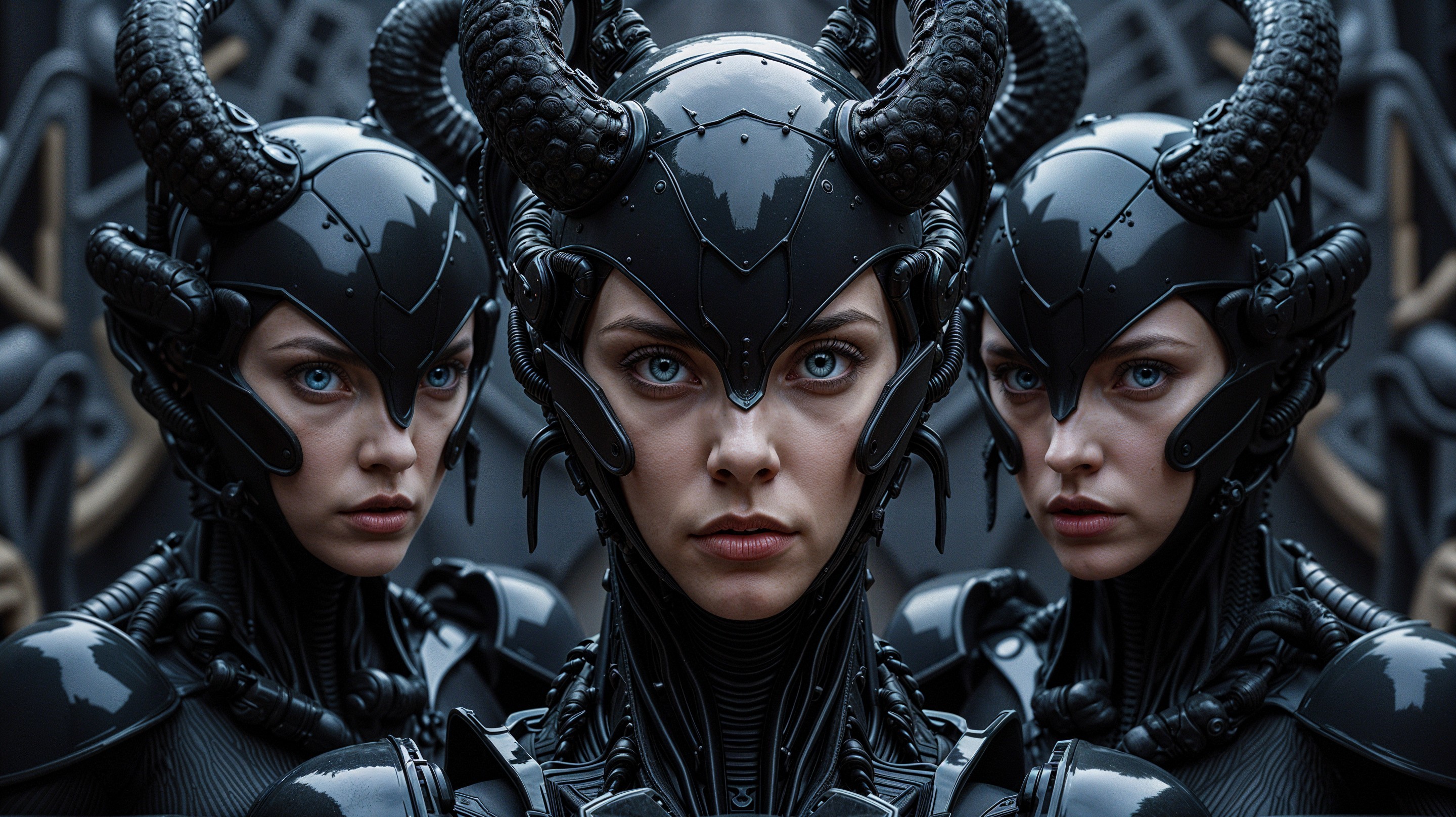 Futuristic Figures in Dark Armor with Mechanical Details