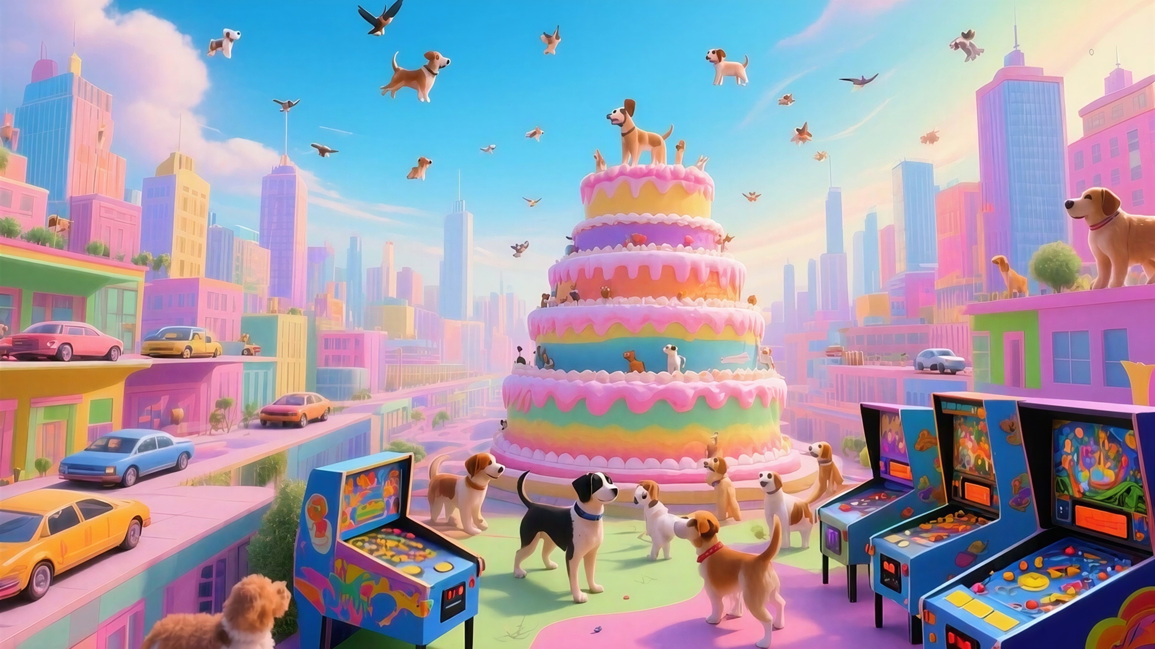 Surreal Landscape with Colorful City and Dogs