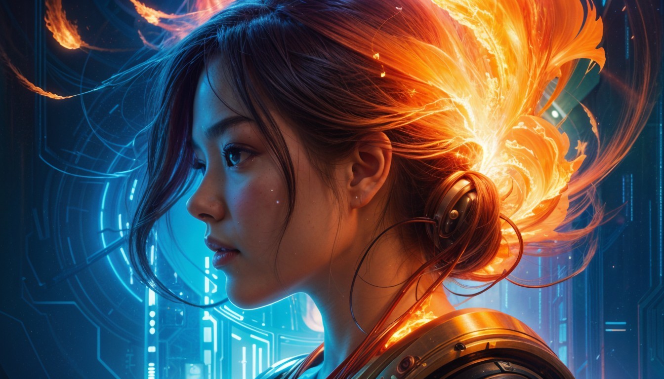 Futuristic Portrait of Young Woman with Fiery Hair