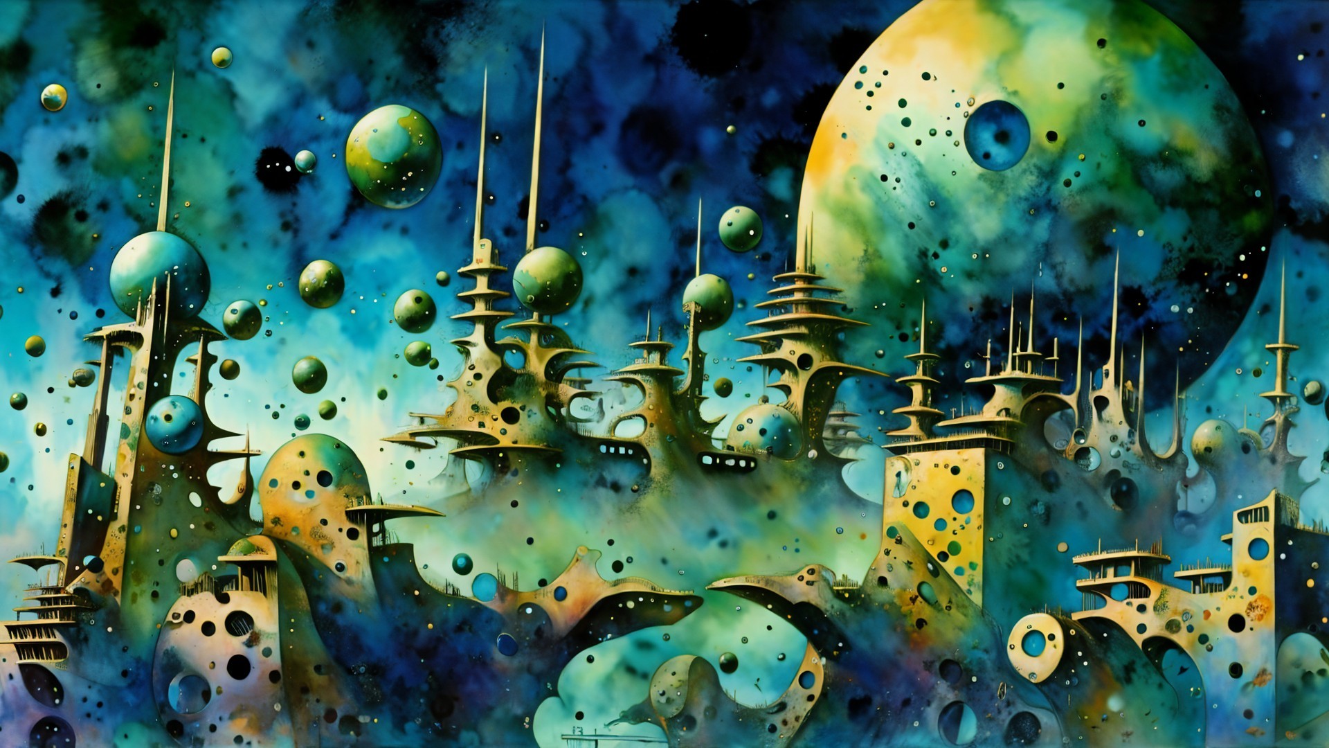 Vibrant Otherworldly Landscape with Surreal Architecture