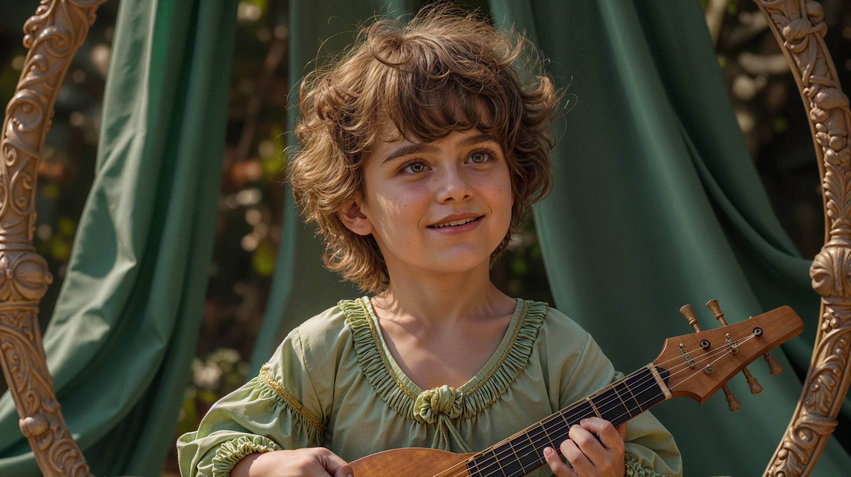 Child with Curly Hair Holding Instrument in Whimsical Setting