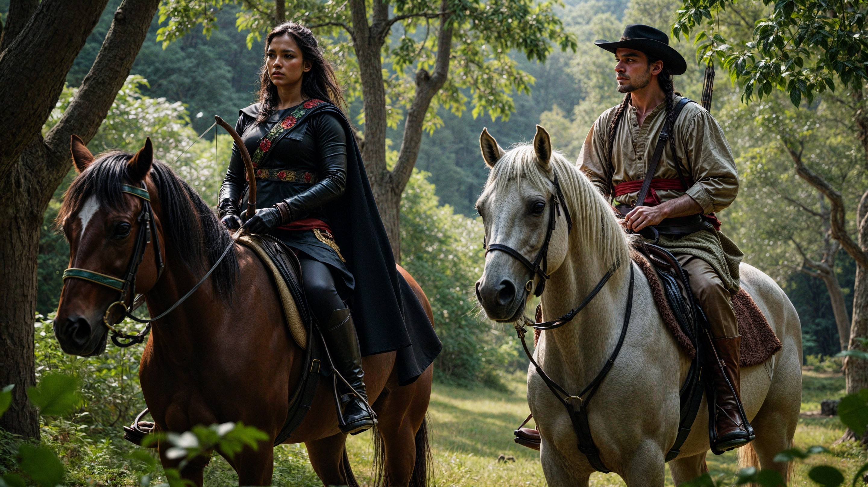 Riders on Horses in a Lush Green Forest Setting