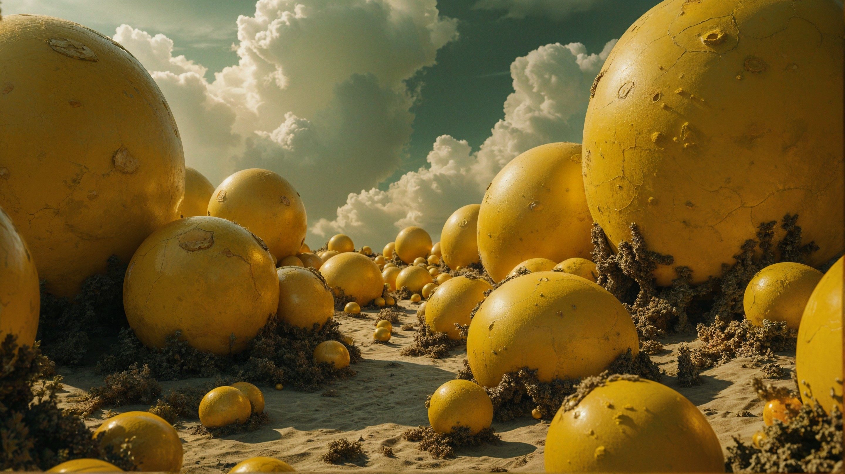 Otherworldly landscape with glossy yellow orbs and clouds