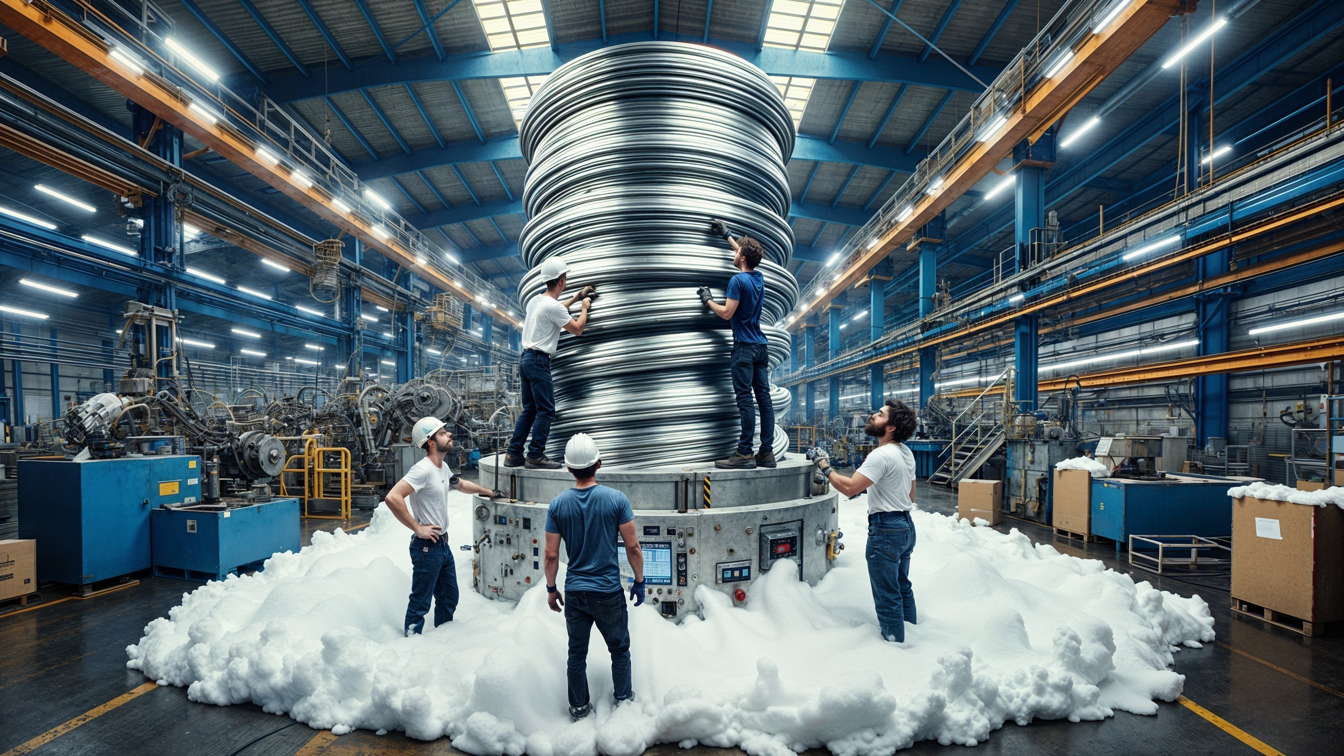 Factory Scene with Workers Assembling Metallic Coils