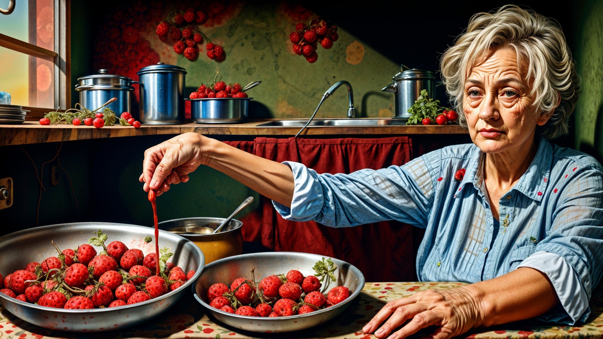Woman with Gray Hair at Table with Strawberries