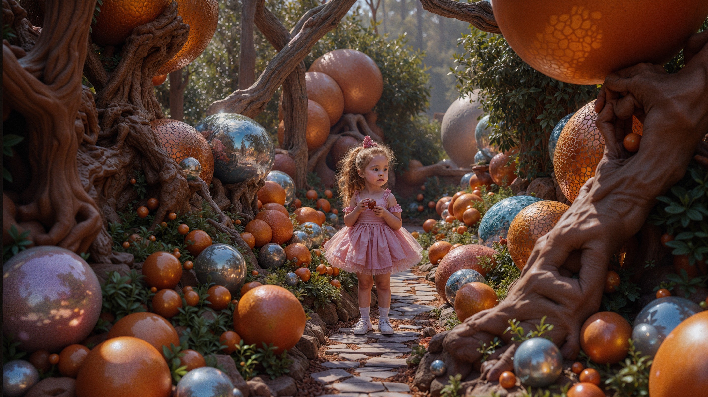Whimsical Garden Scene with Colorful Orbs and Girl
