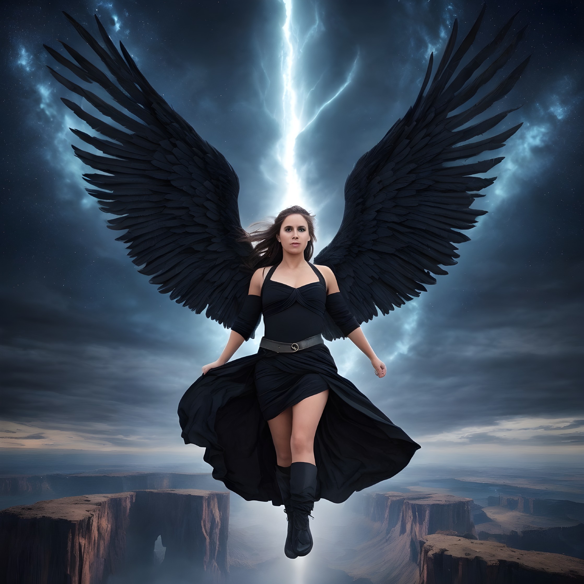 Woman with large black wings hovering over canyon with lightning bolt in background