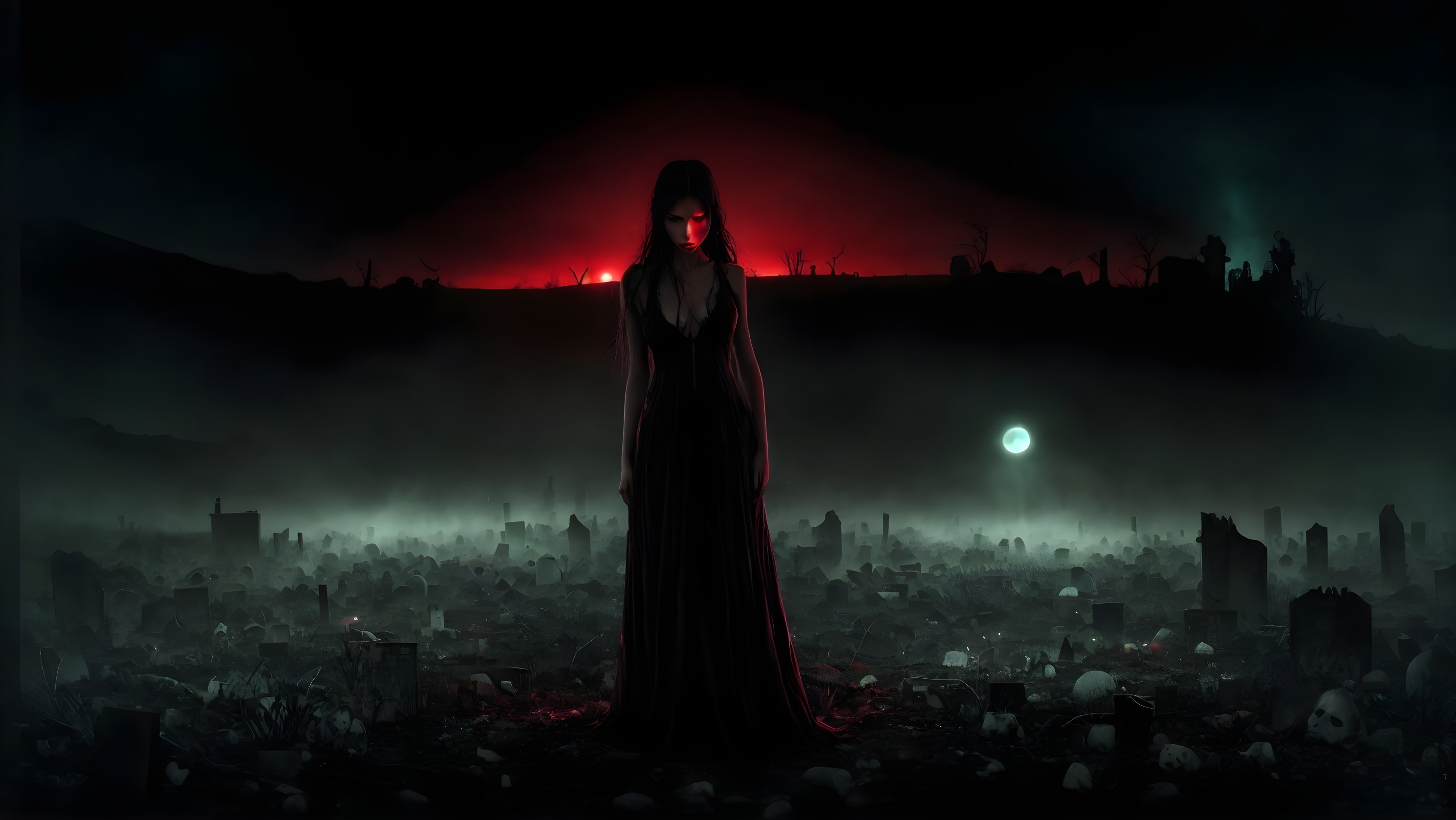 Sinister figure with red eyes in dark cemetery under red sky