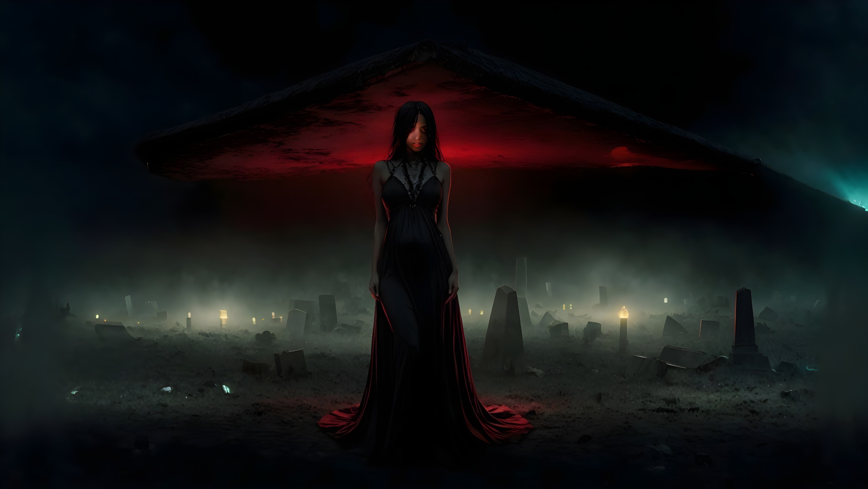 Mysterious woman in black dress under dark parasol in foggy cemetery