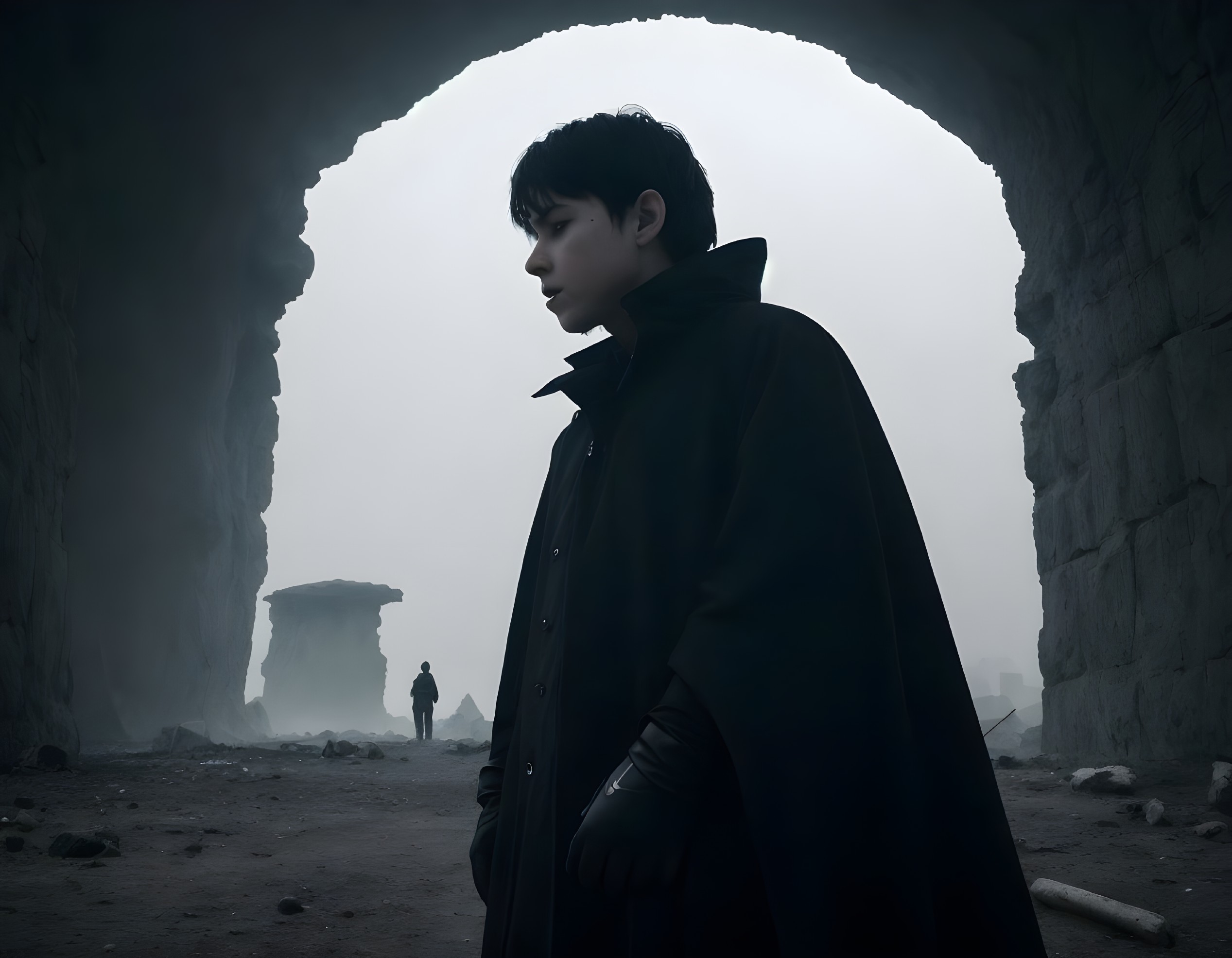 Young man in dark cloak in misty tunnel with silhouette in background