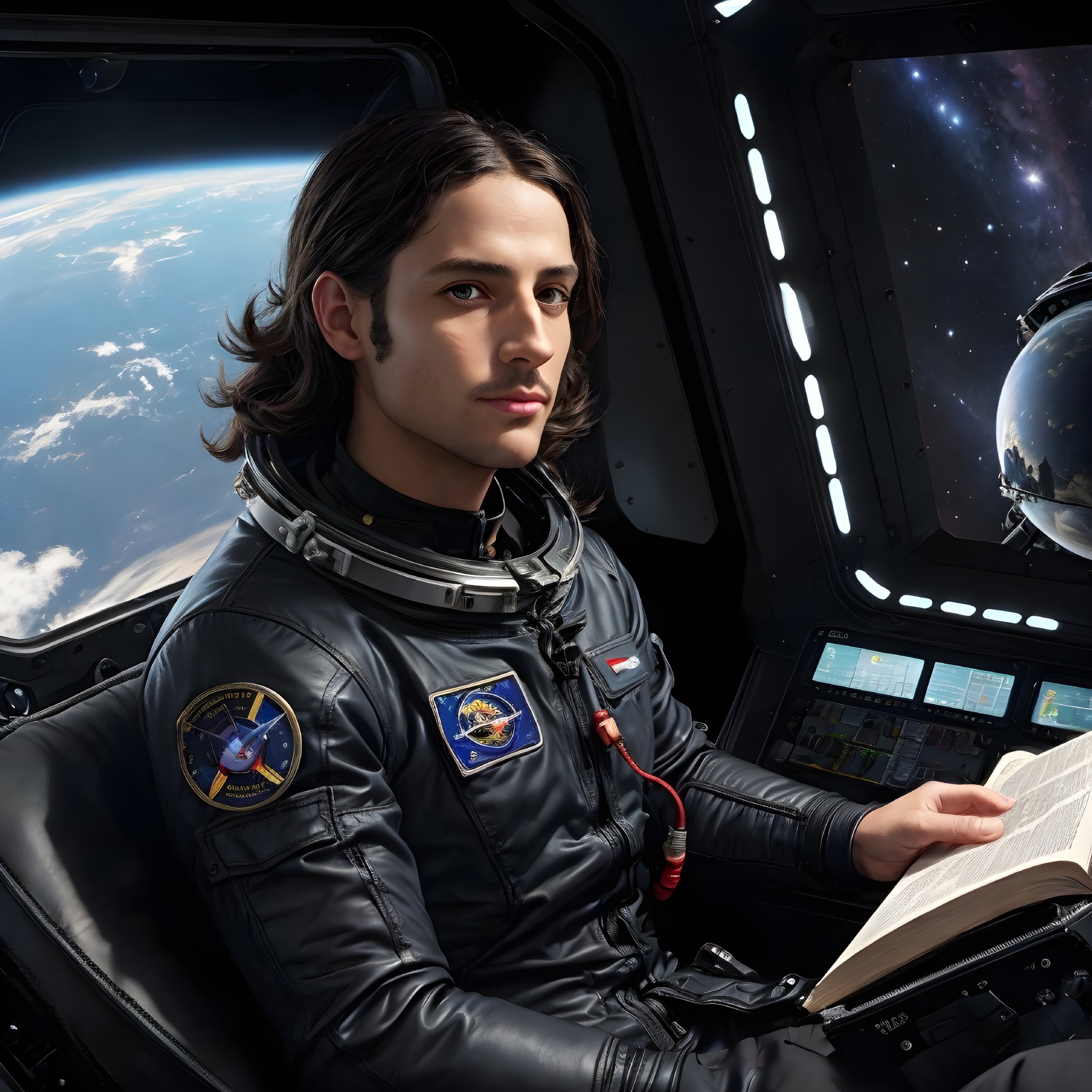 Person in space suit with book, Earth view from spacecraft