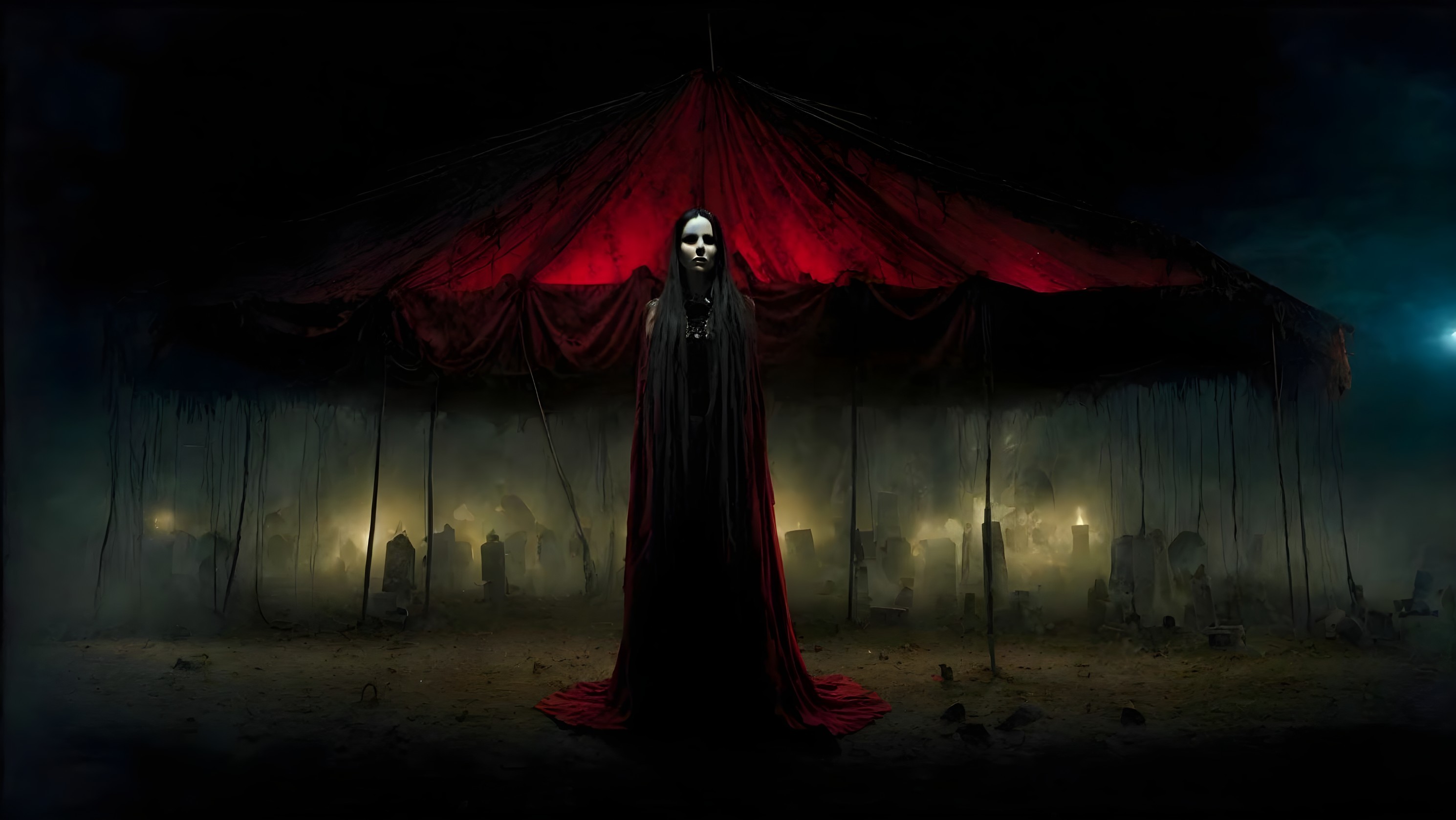 Eerie graveyard scene with ghostly figure and circus tent