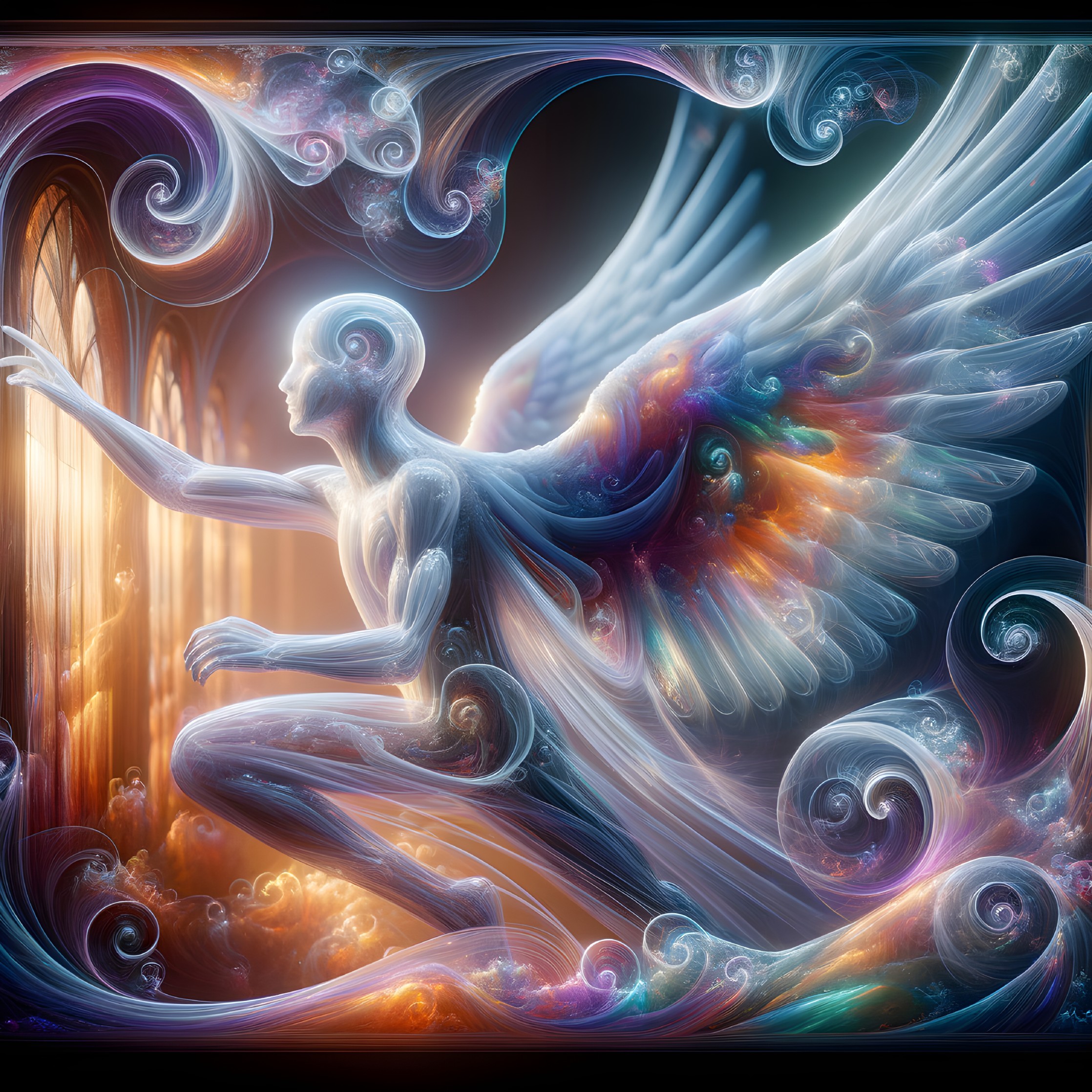 Multicolored winged angel near golden door in surreal artwork