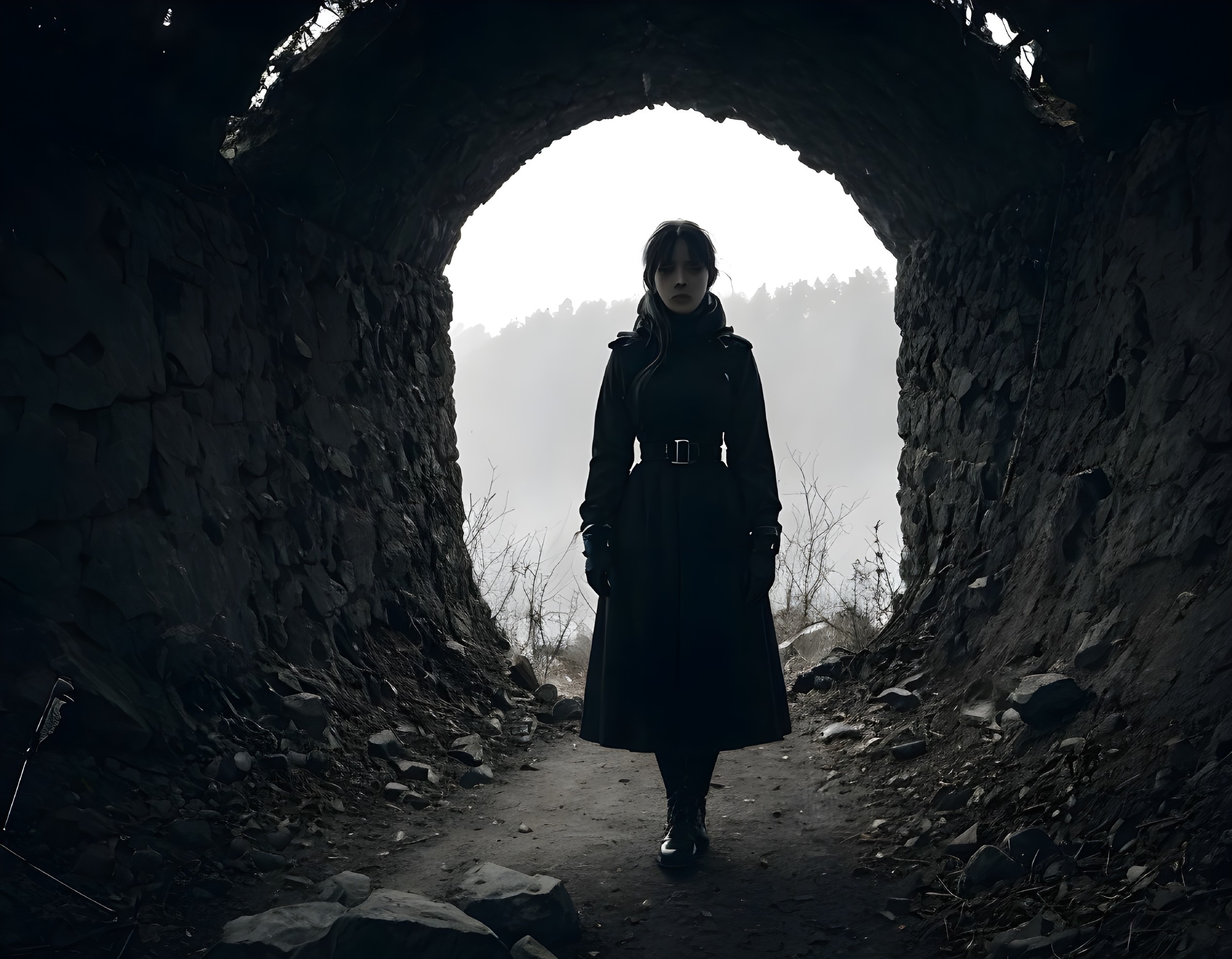 Silhouetted person in long coat at dark tunnel opening
