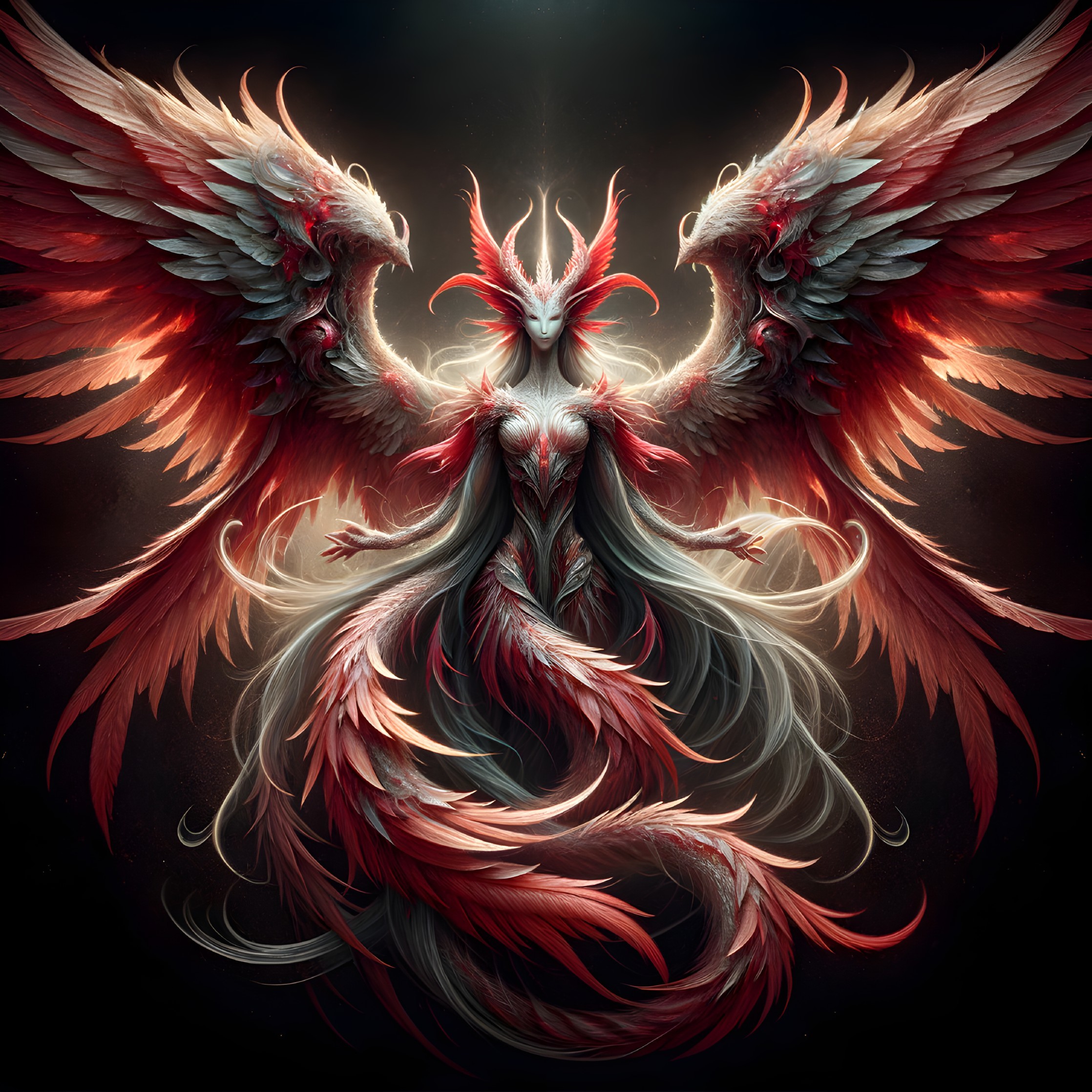 Majestic figure with red and white feathers and wings