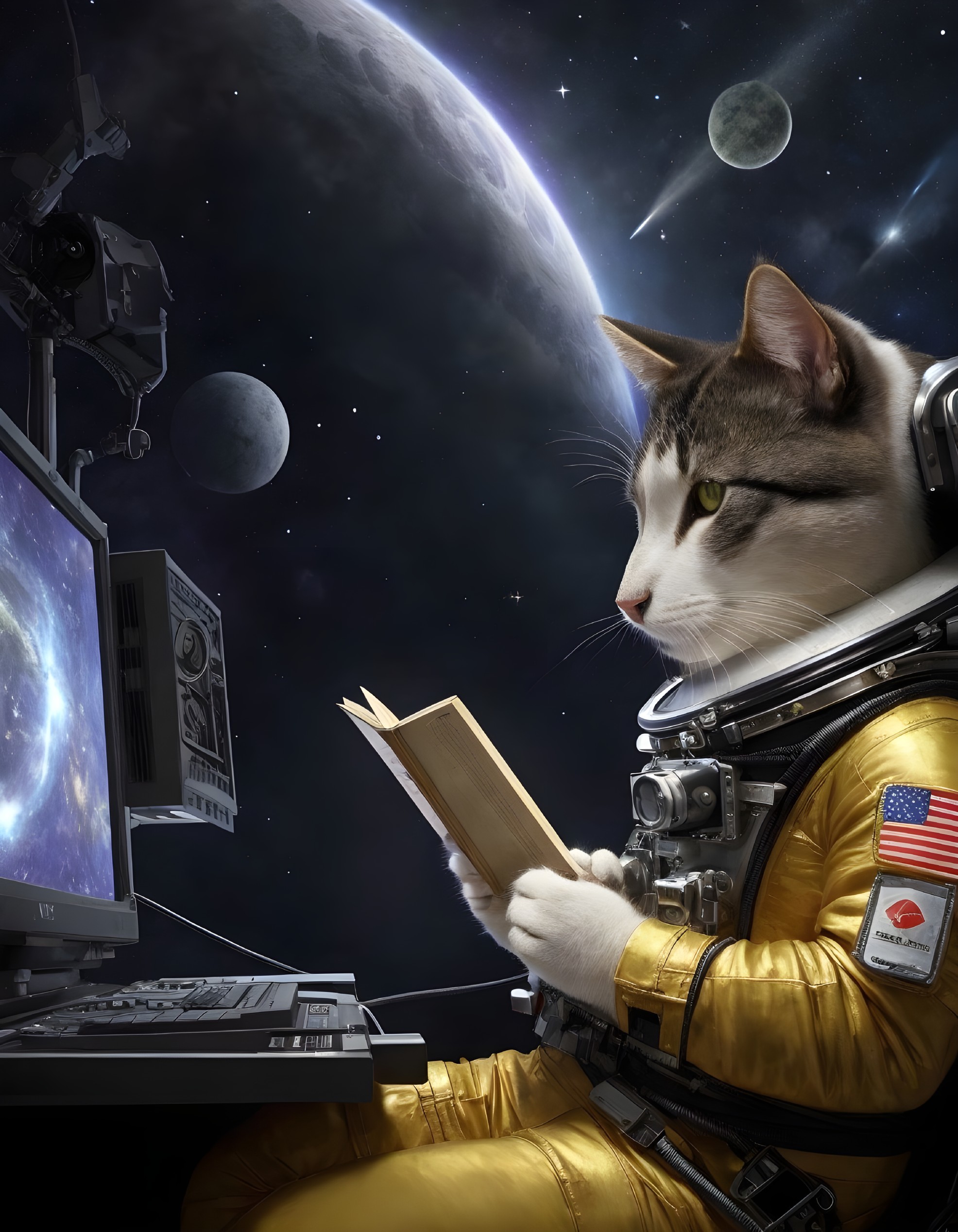 Cat in astronaut suit reading book at desk in outer space scene