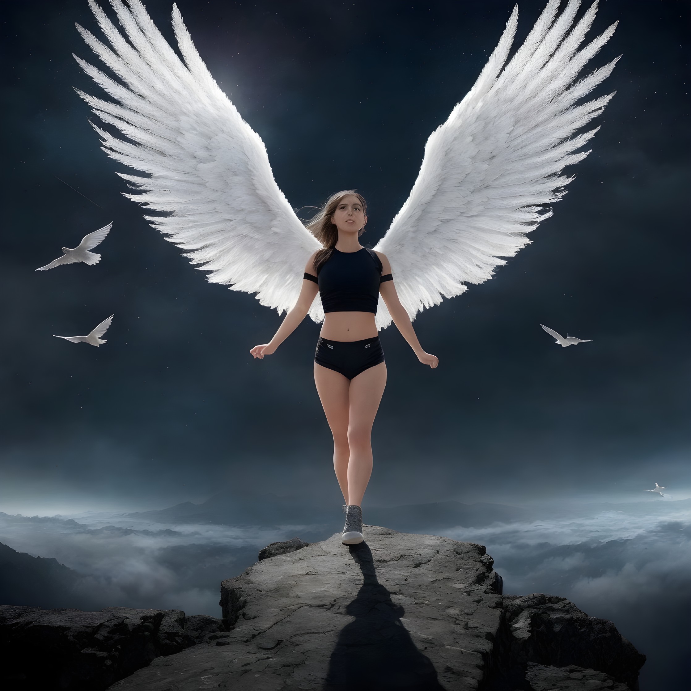 Person with large white wings standing on cliff with birds and clouds - surreal atmosphere