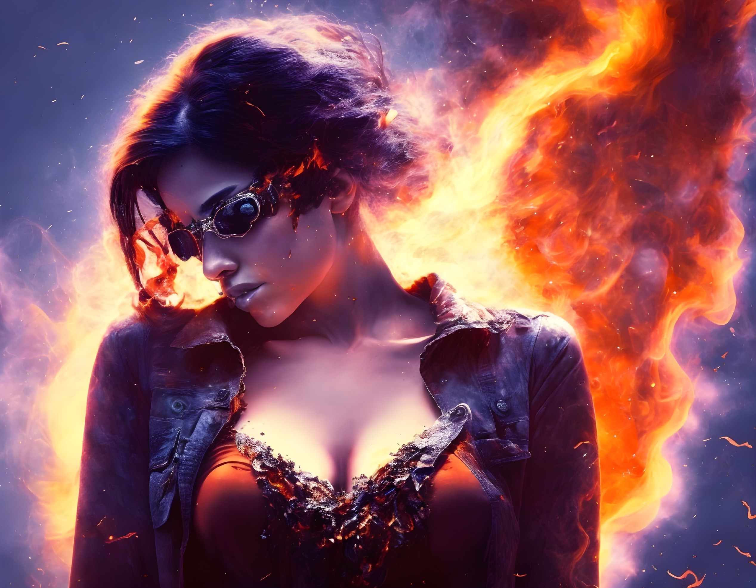Dark-haired woman in steampunk goggles engulfed by fiery flames