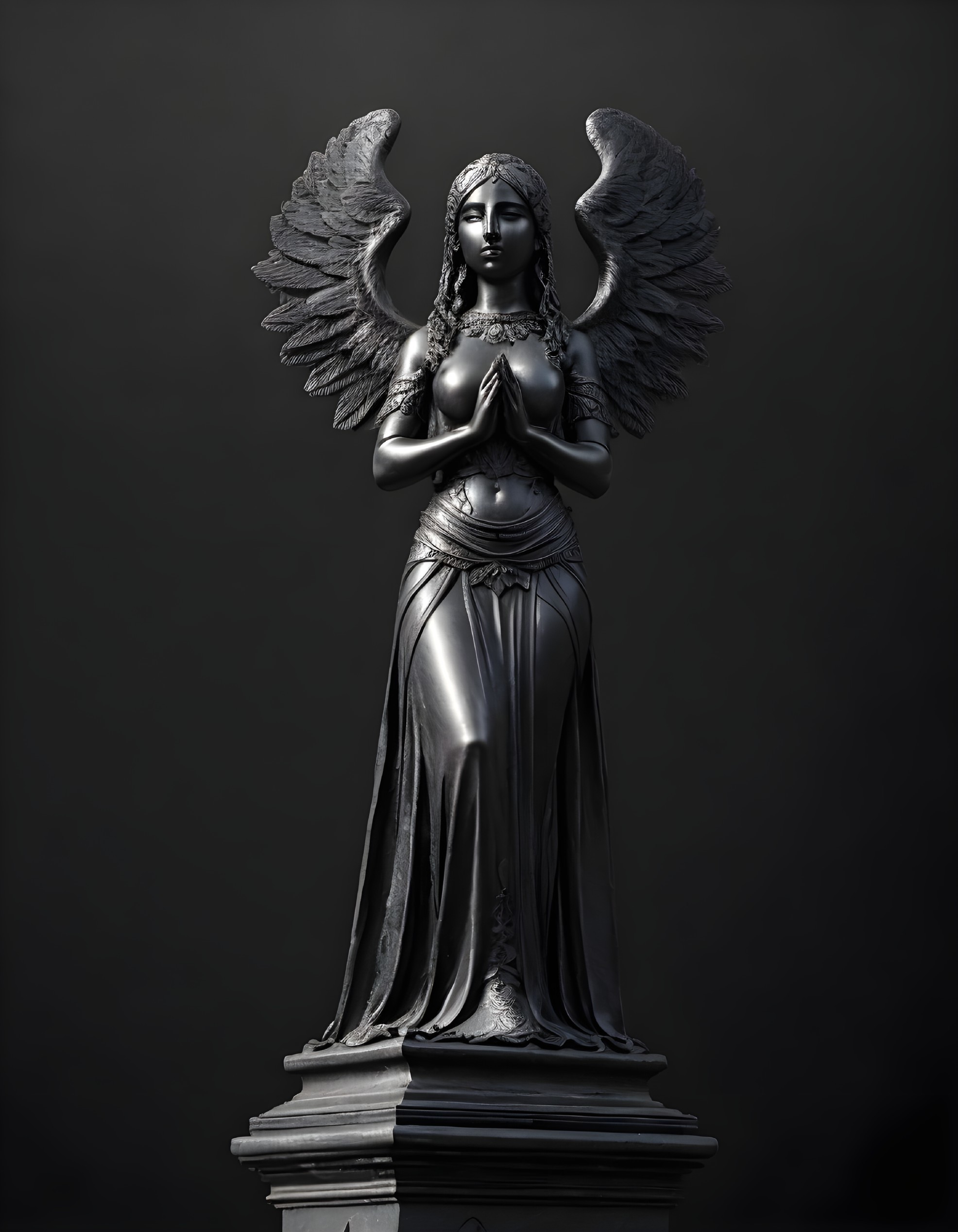 Monochrome sculpted angel figure with large wings in prayer against dark background