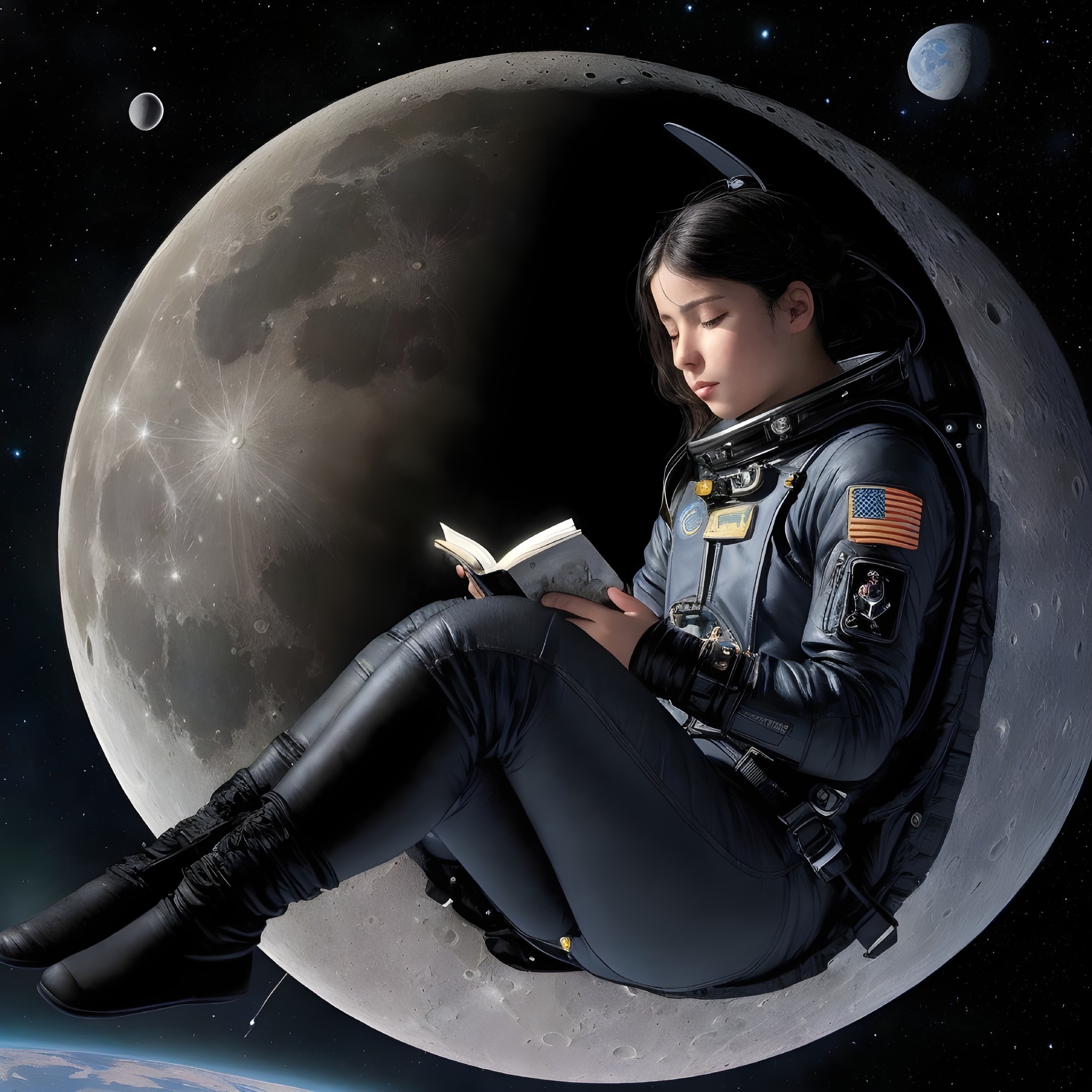 Astronaut in space suit reading book with Earth's moon and planets in background