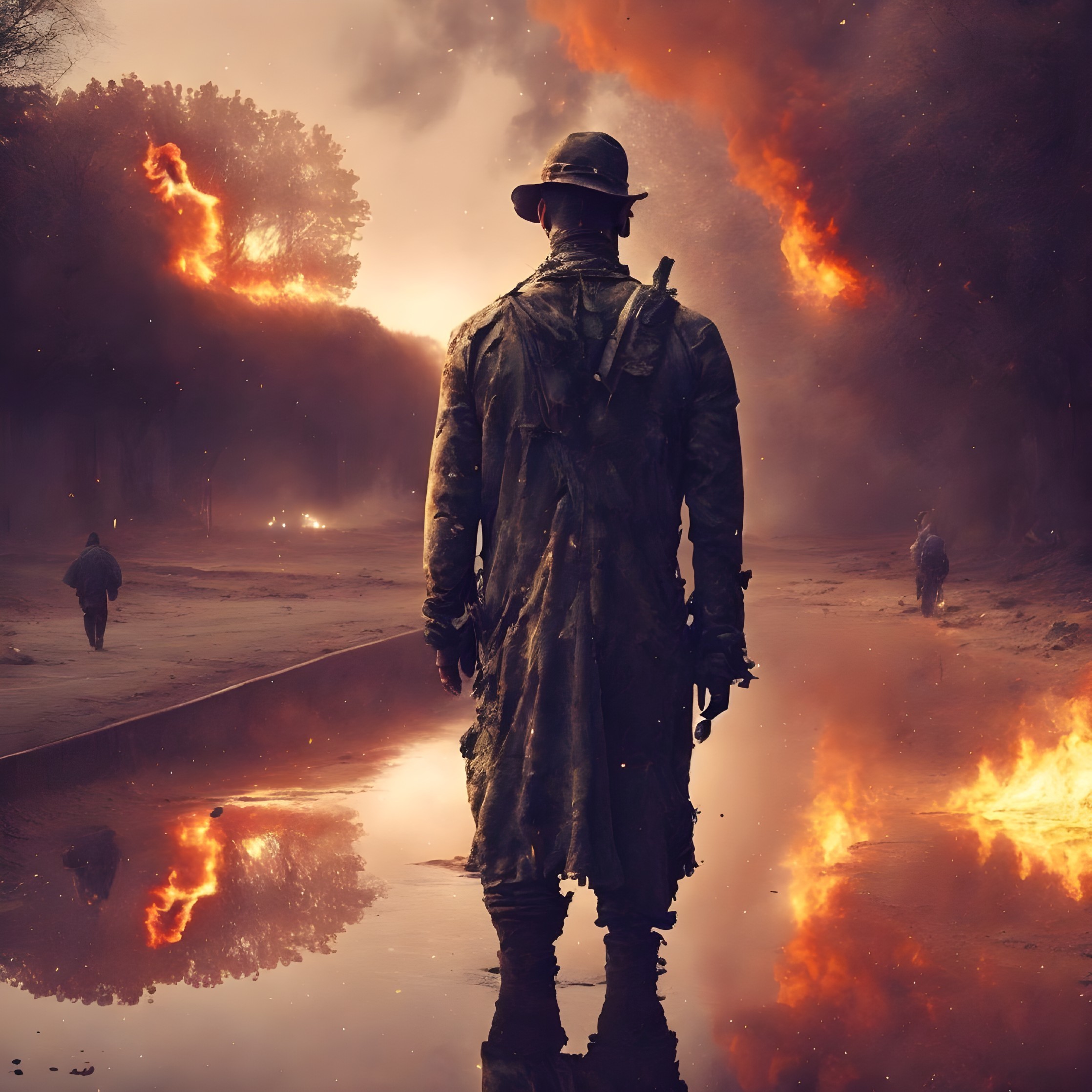 Figure in Long Coat and Hat Against Fiery Backdrop with Water Reflections