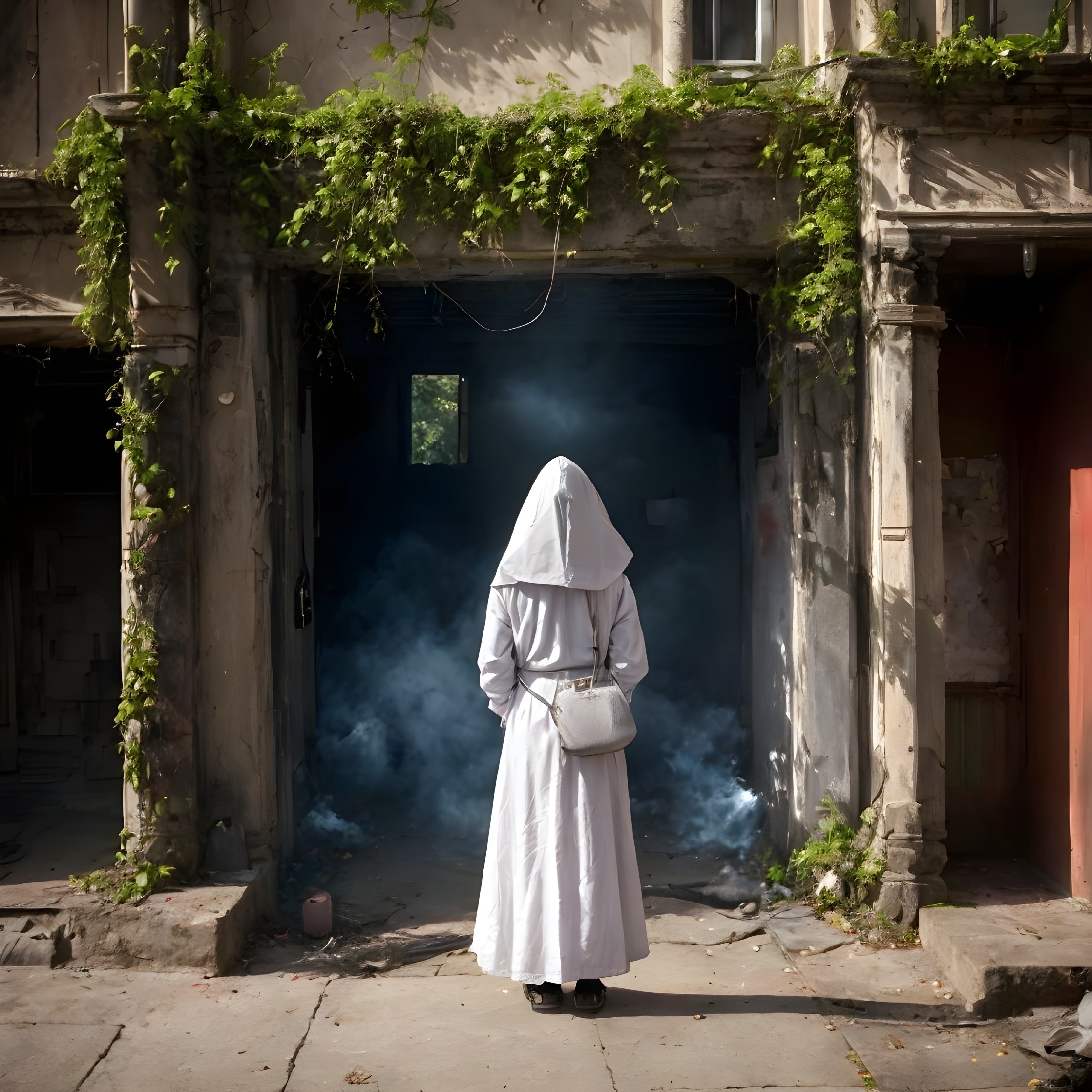 Person in white cloak at misty old building entrance with ivy
