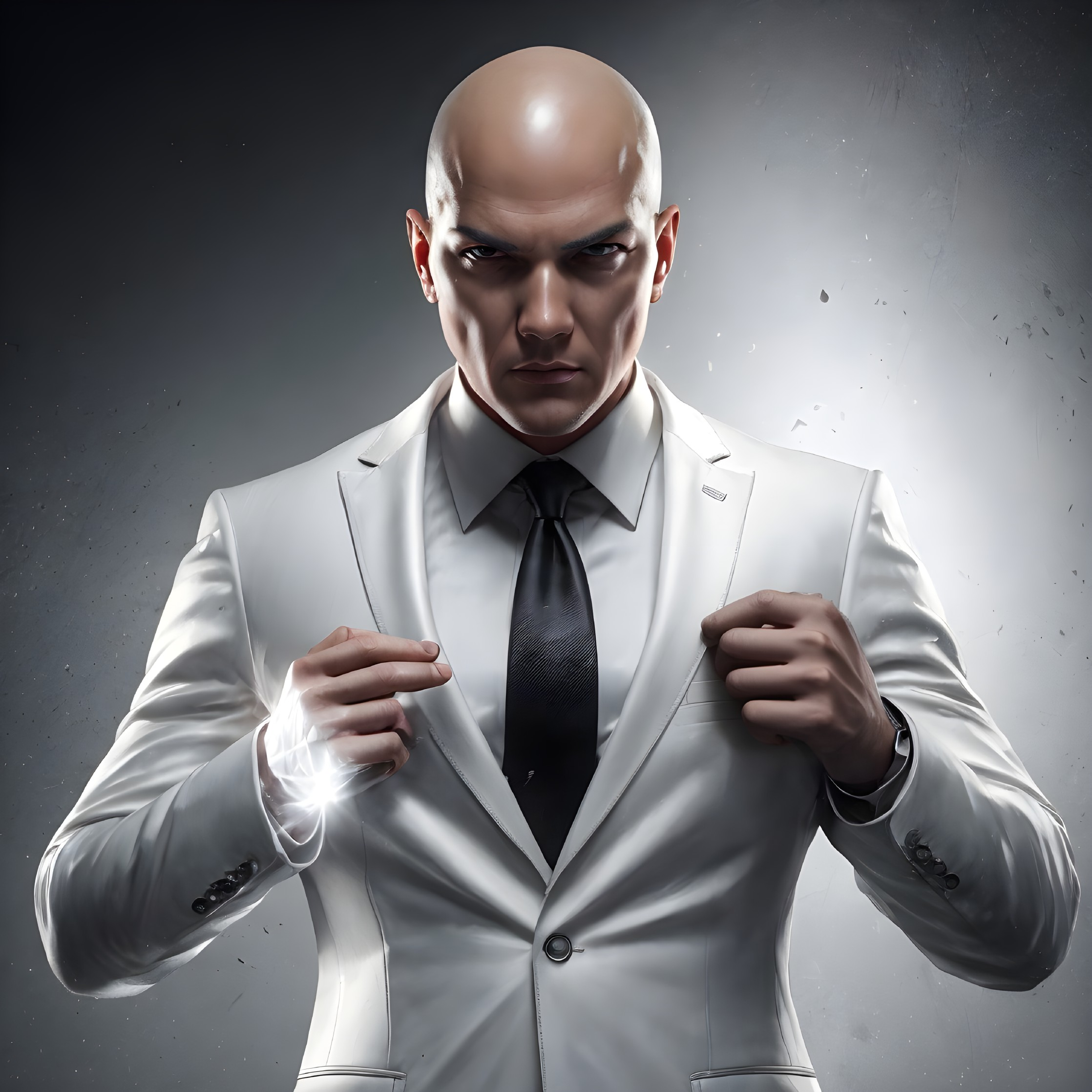 Muscular Man in White Suit with Intense Presence