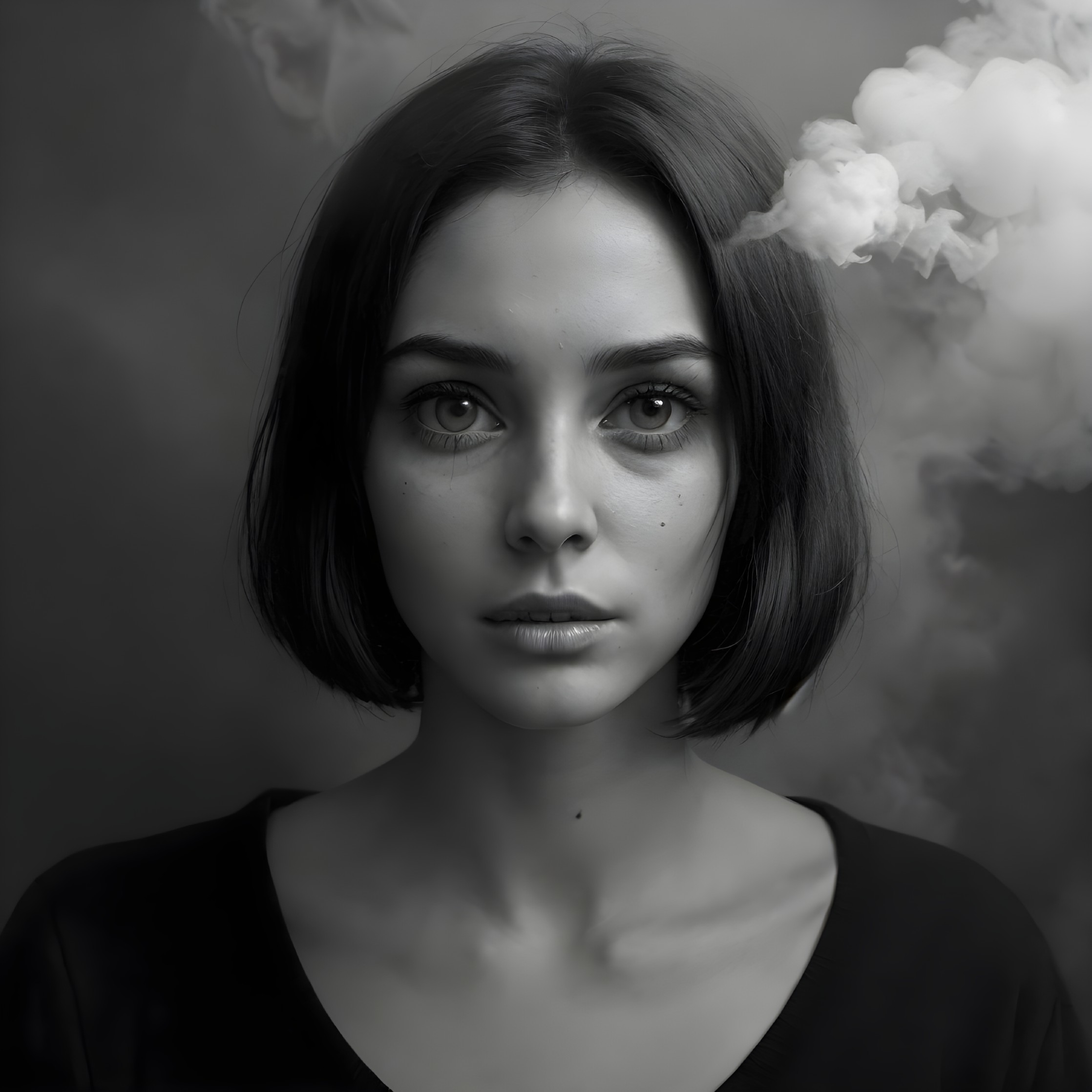 Young woman with short hair and captivating eyes in monochrome portrait.