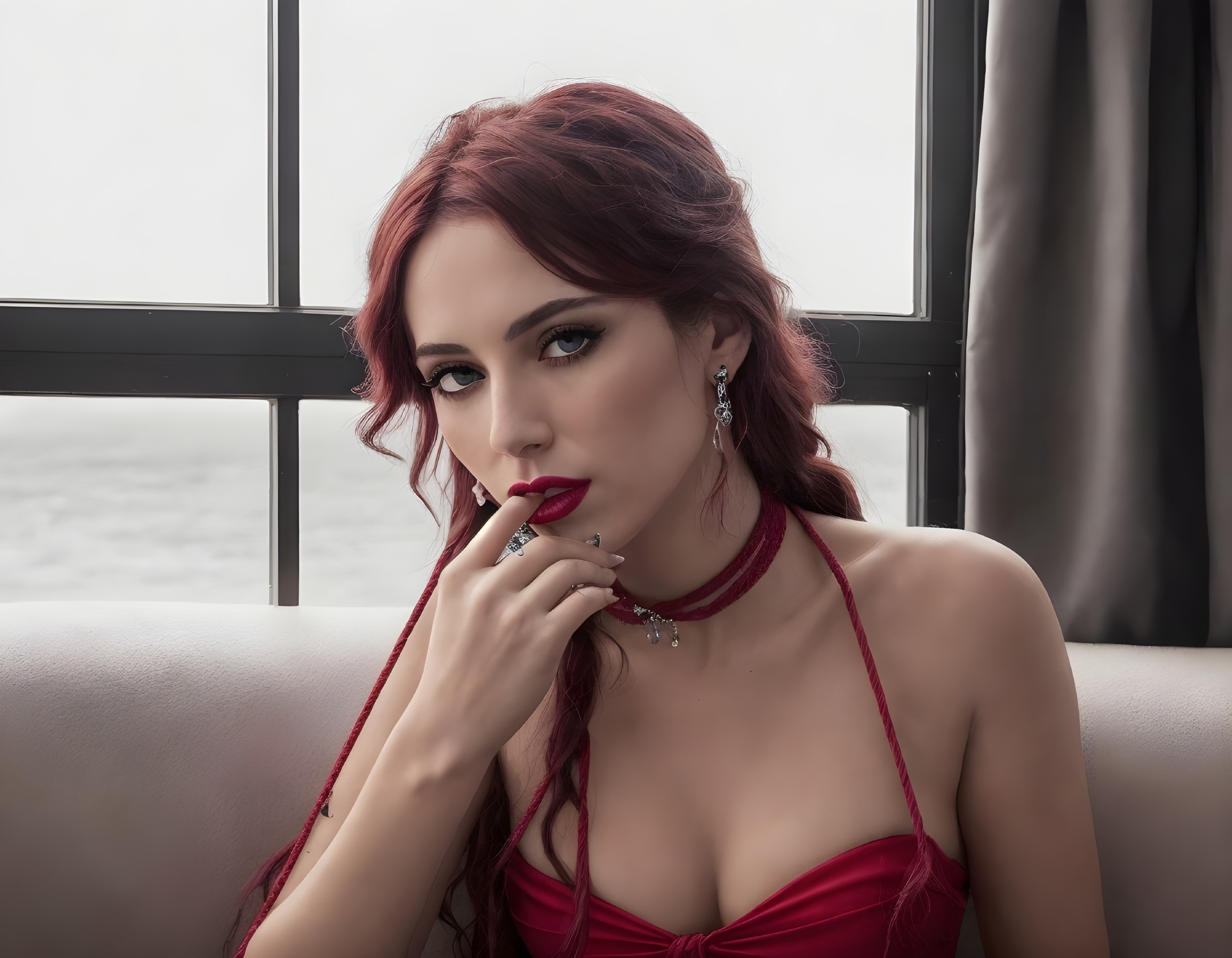 Red-haired woman in red dress sitting by window overlooking sea