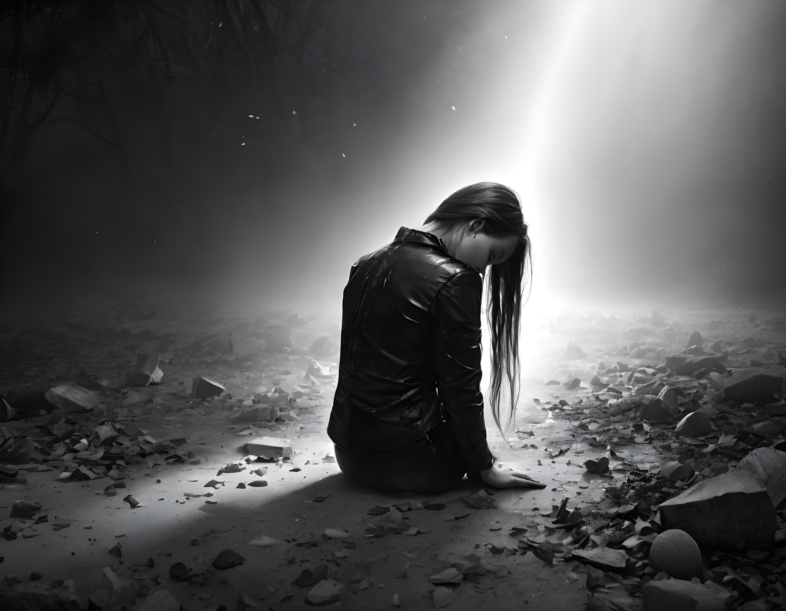 Solitary figure in leather jacket amidst rubble, head bowed under shaft of light