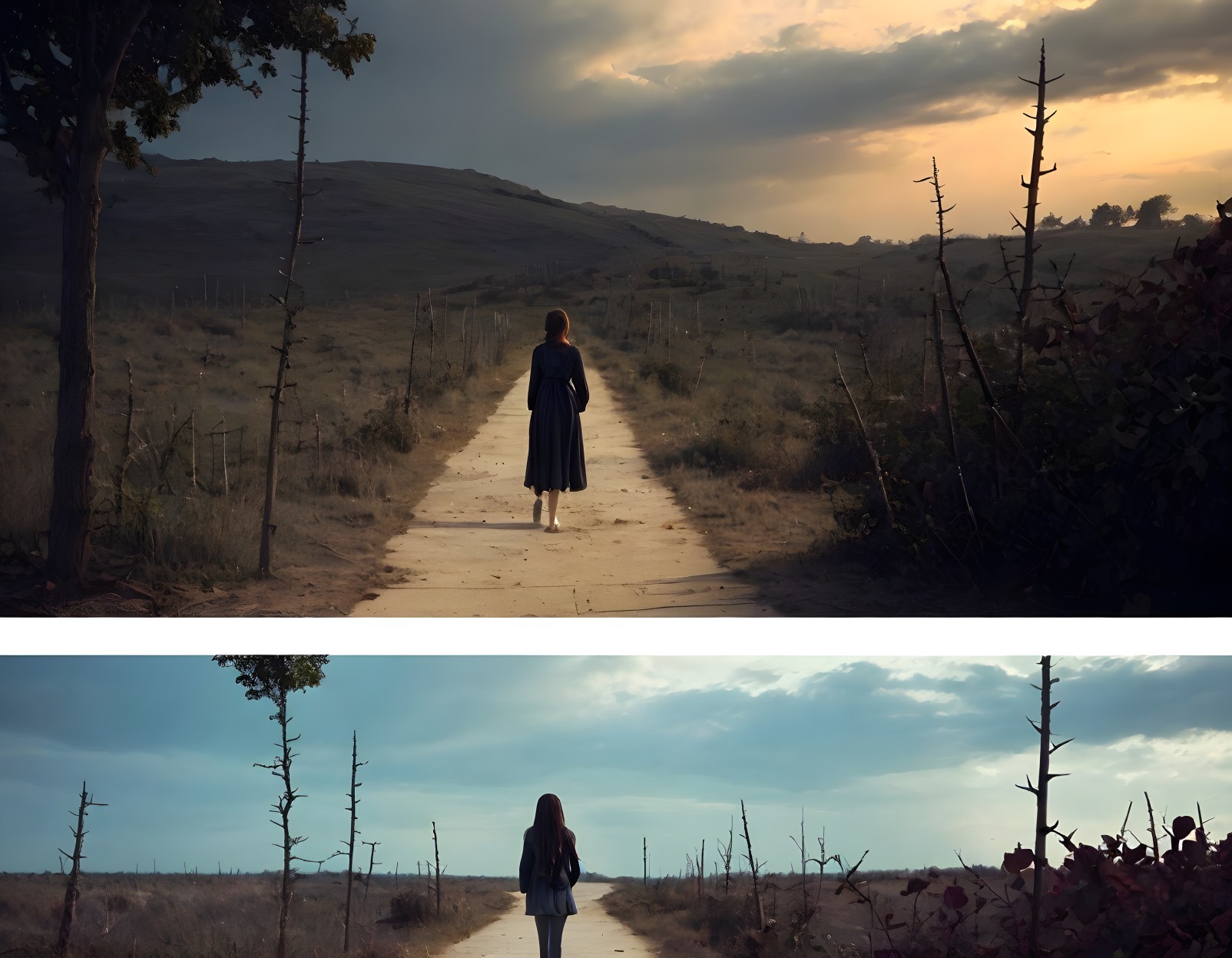 Woman walking on desolate path under dramatic cloudy sky