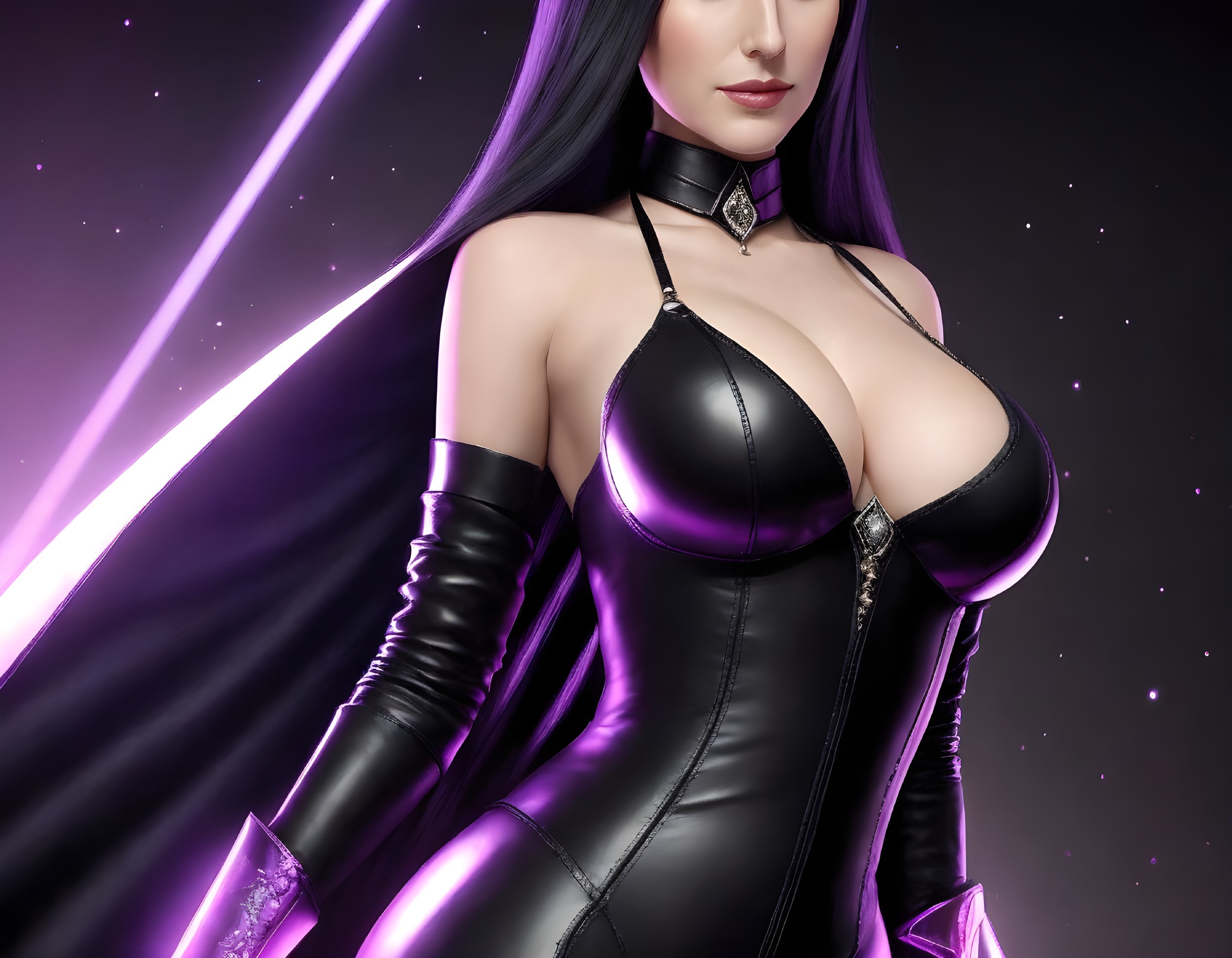 Stylized female character in black outfit with purple highlights and glowing sabers