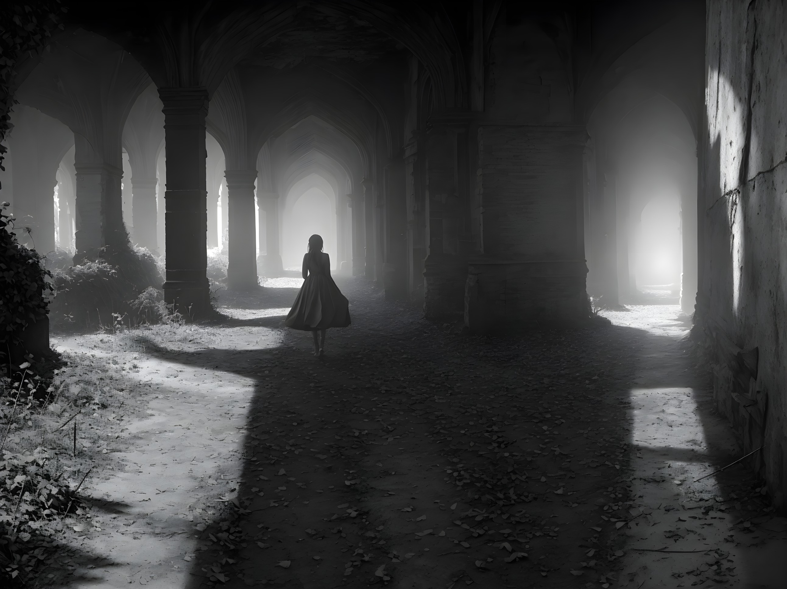 Solitary figure in misty Gothic arcade with mystical lighting
