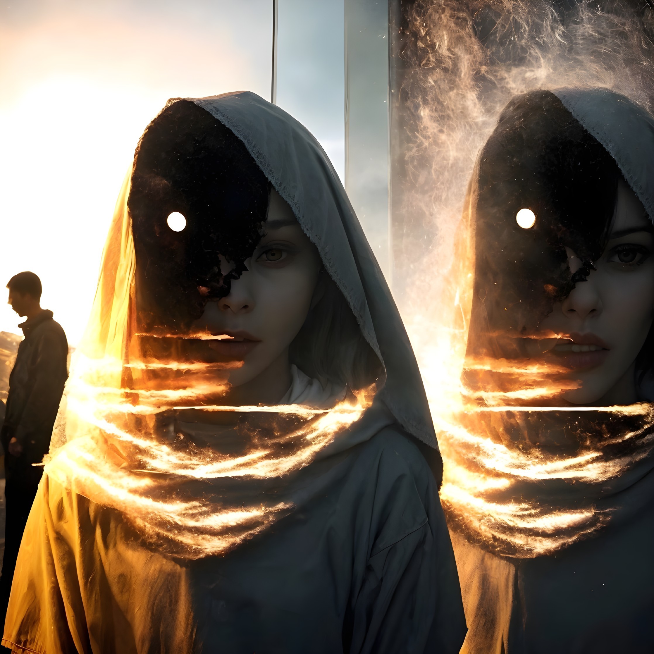 Hooded figures with mirrored faces at sunset in eerie symmetry