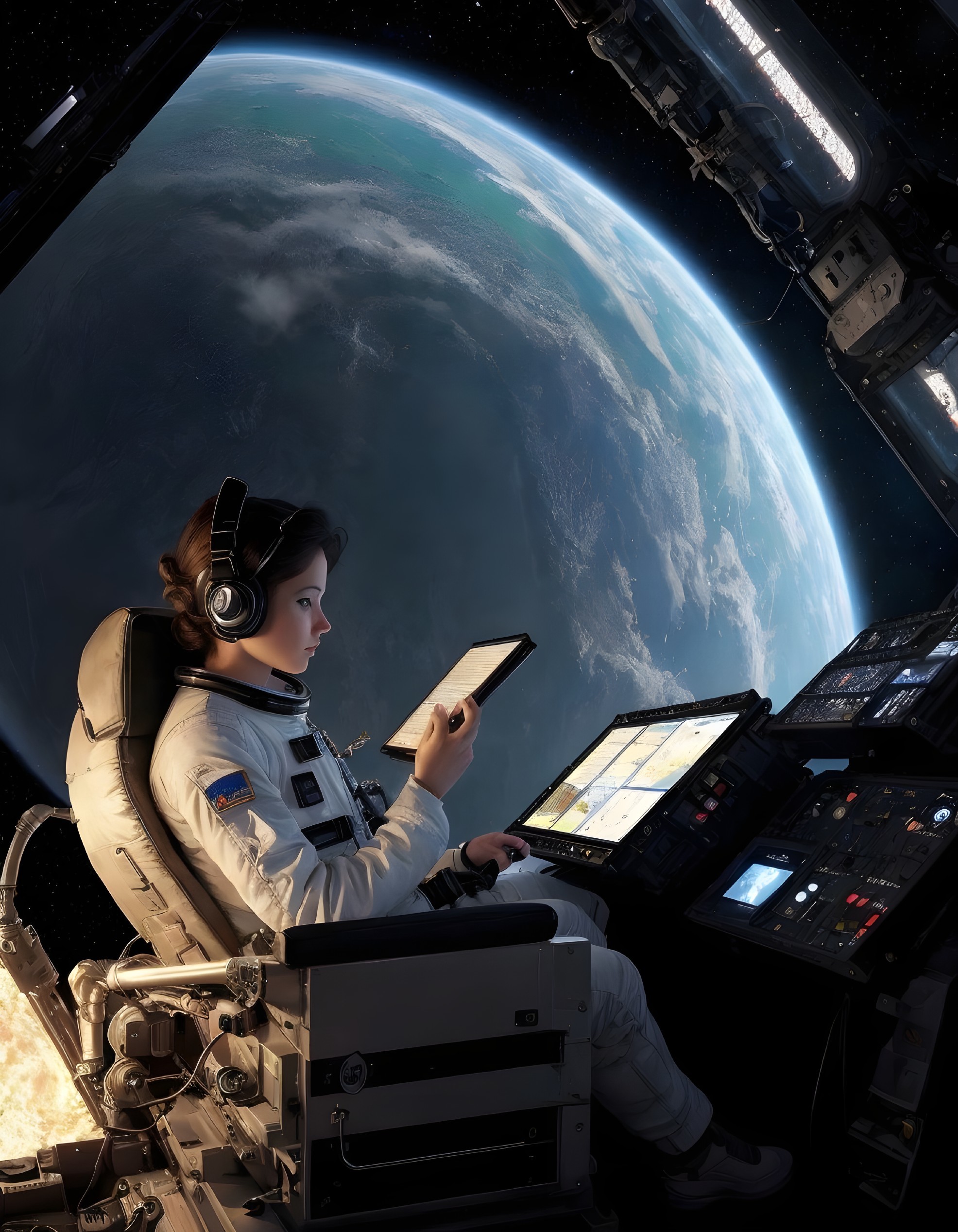 Astronaut in space module with digital tablet observing Earth through windows