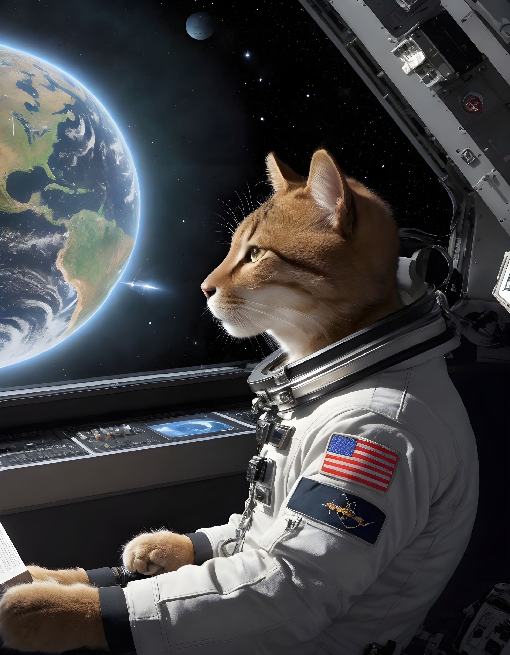 Cat in astronaut suit gazes at Earth from spacecraft window in orbit