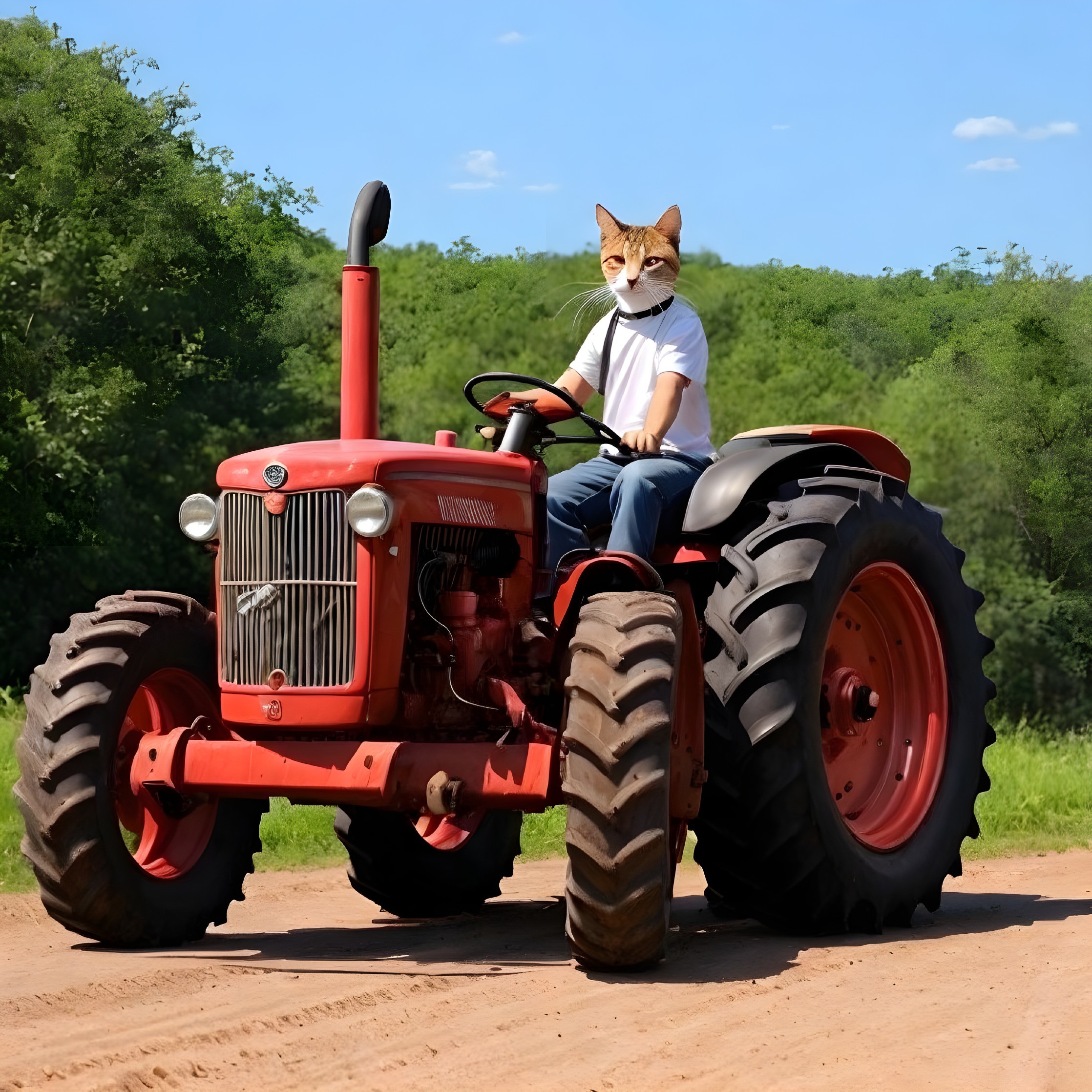 Orange Cat with Human Body Driving Red Tractor on Dirt Road