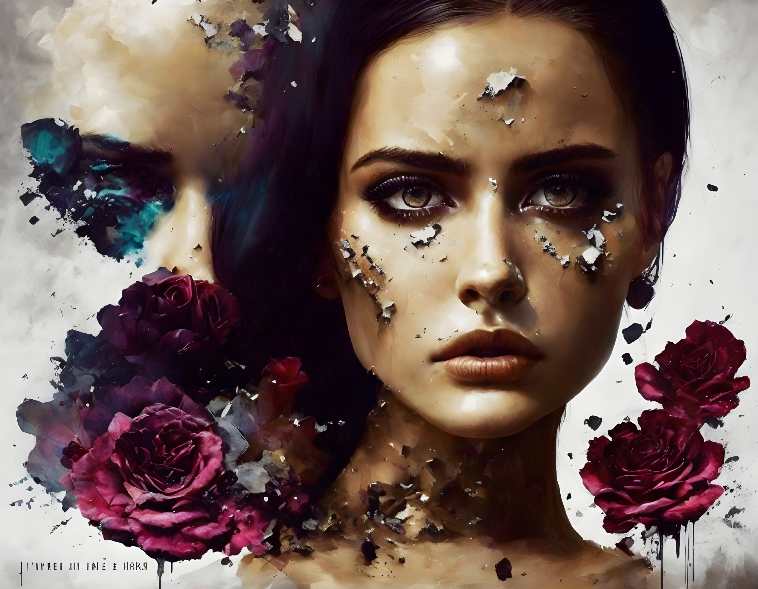 Woman's Face with Disintegrating Features and Flowers in Background