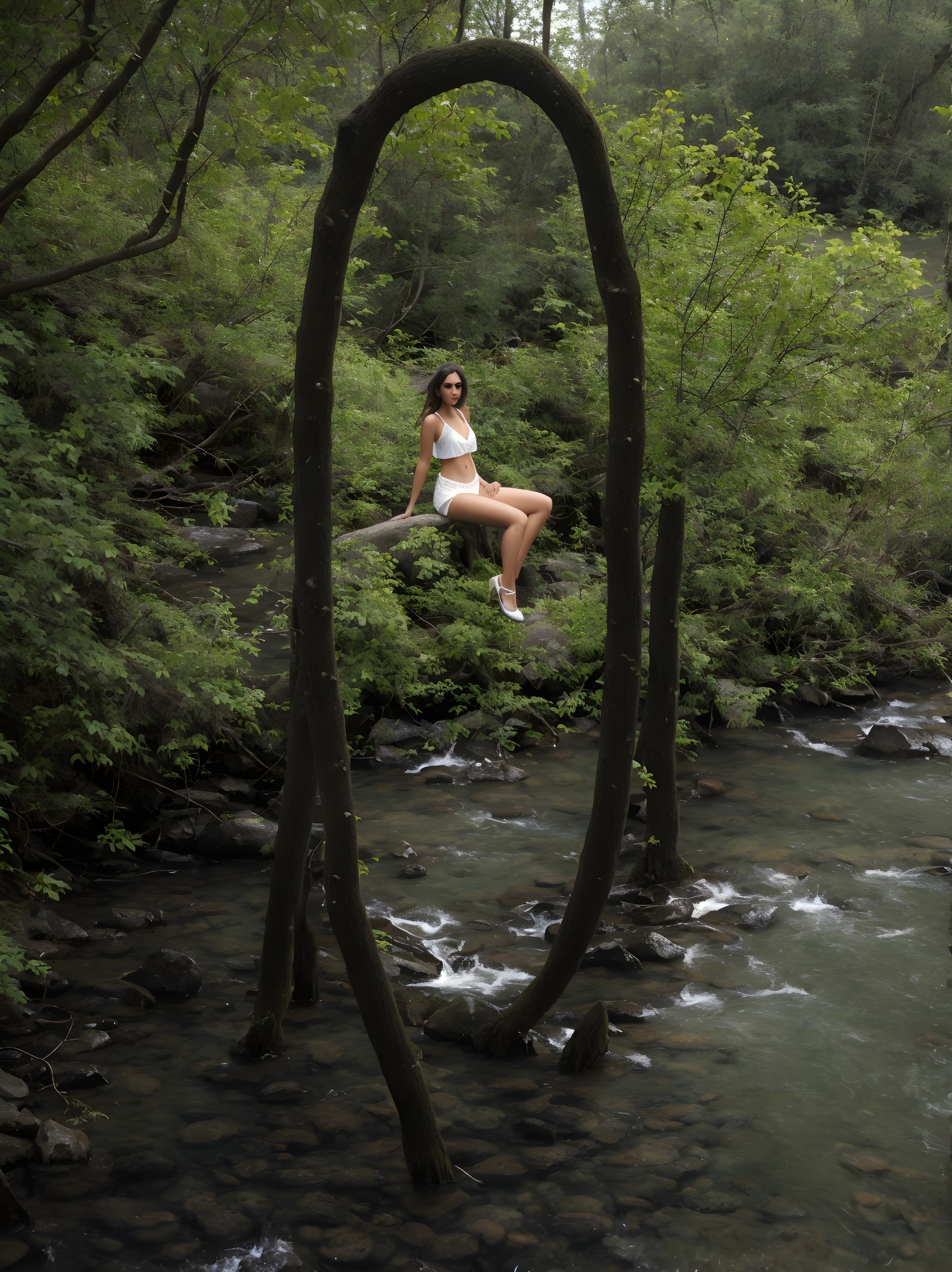 Woman on swing over rocky creek in lush greenery