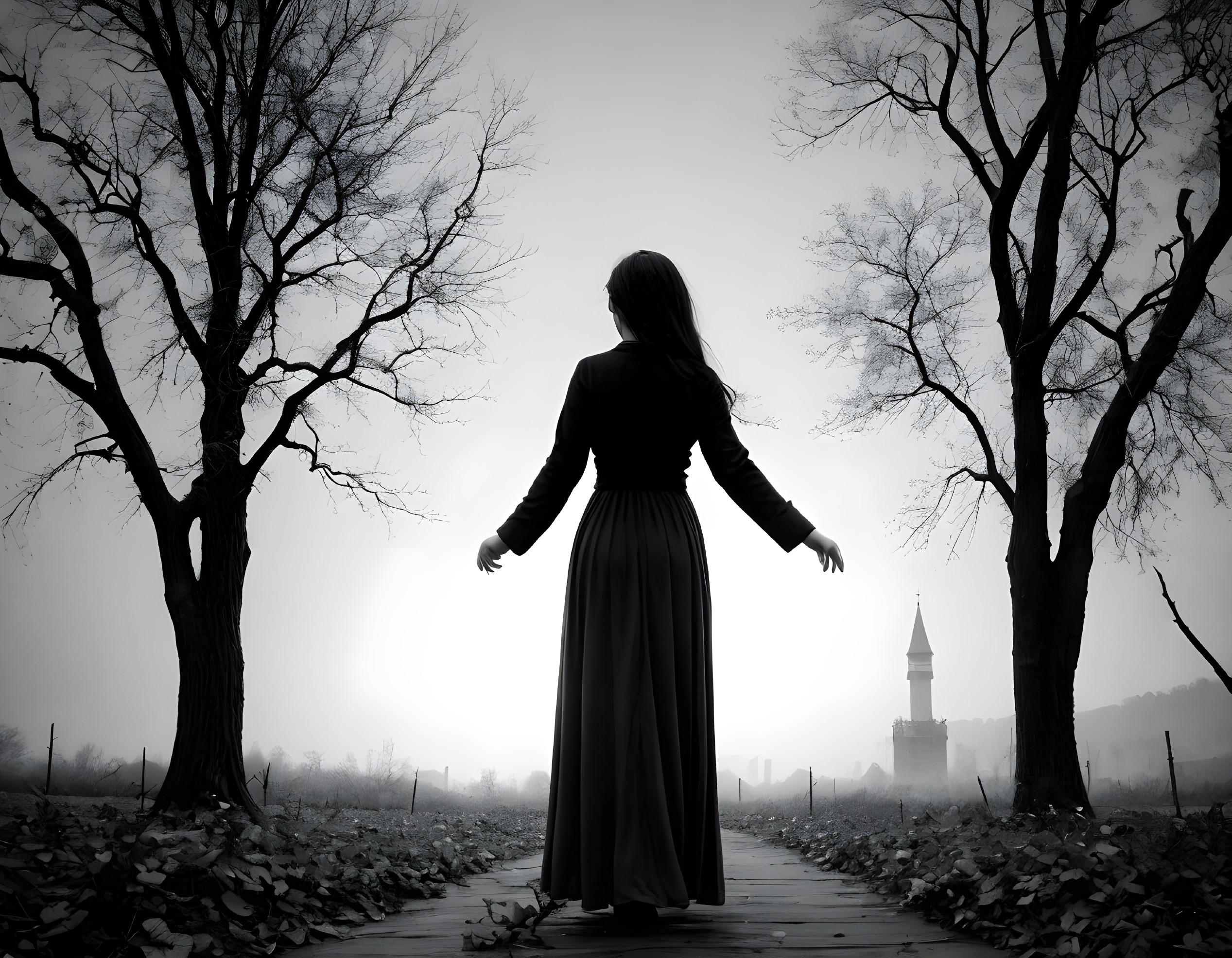 Silhouette of woman among trees on foggy path with distant tower.