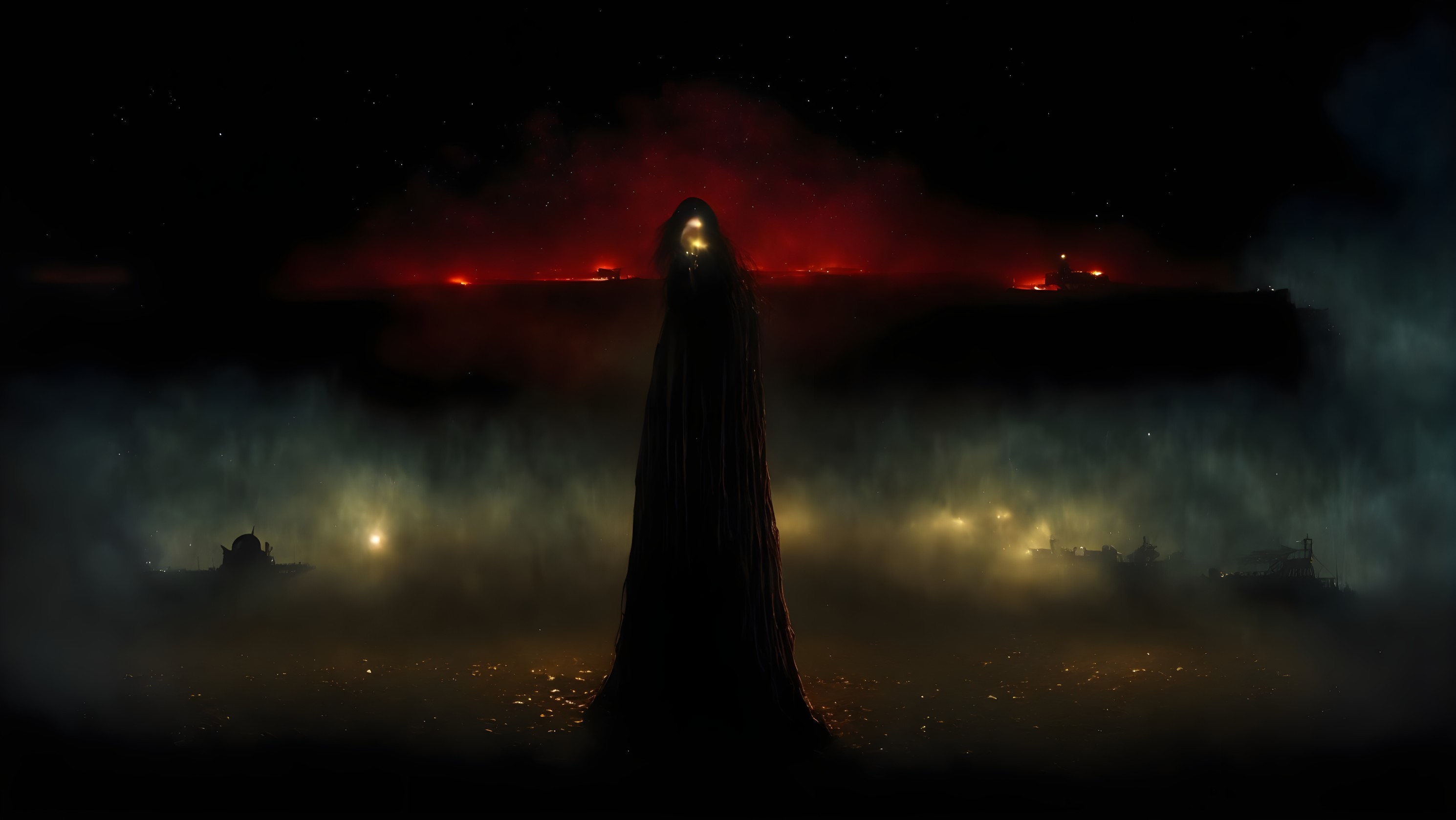 Cloaked figure in mystical celestial setting.