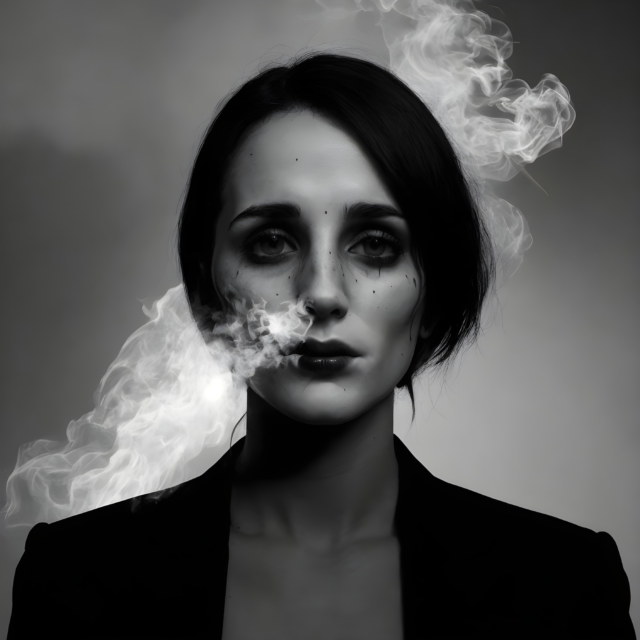 Monochrome portrait of woman with dark hair and freckles