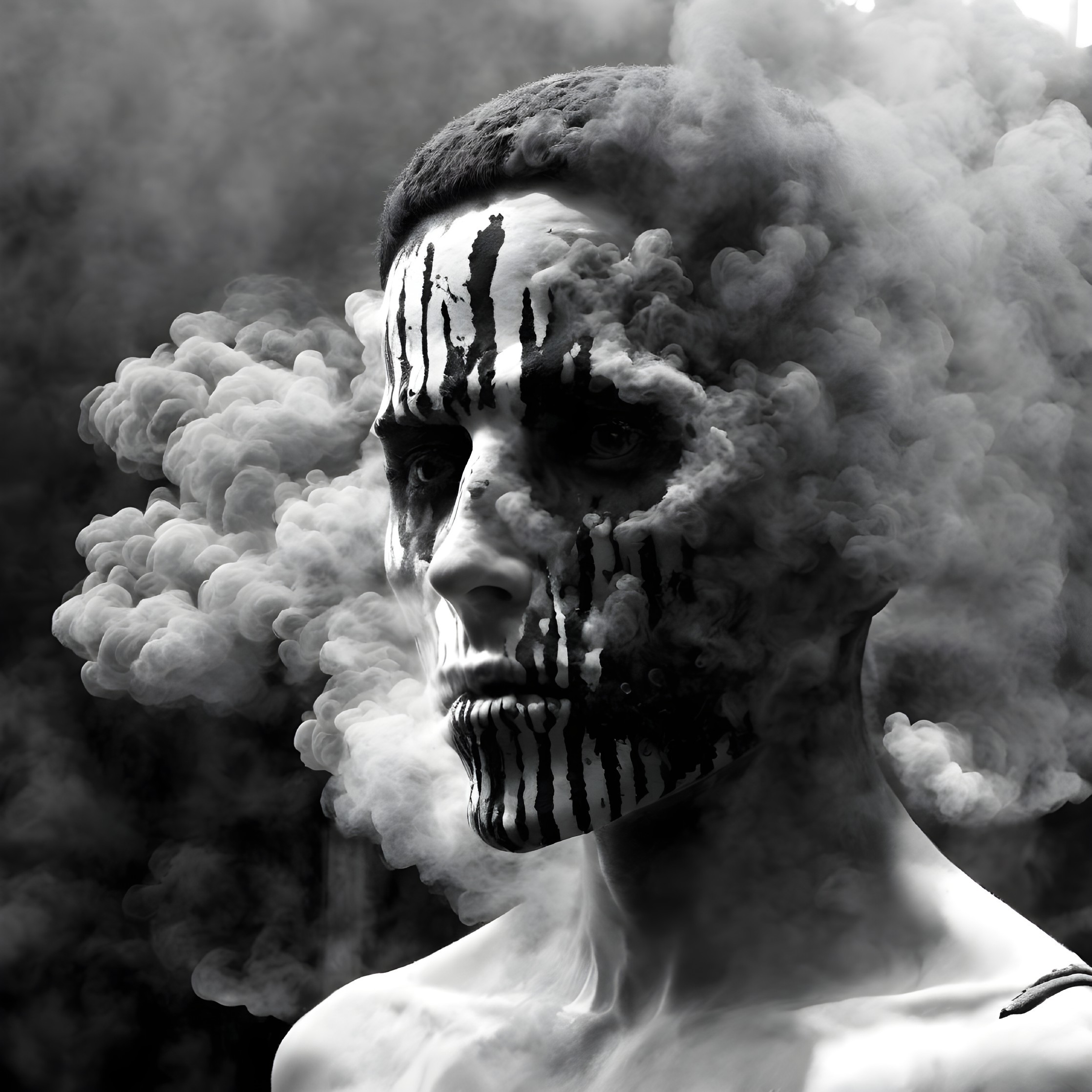 Monochrome portrait with haunting gaze and tear-like streaks.